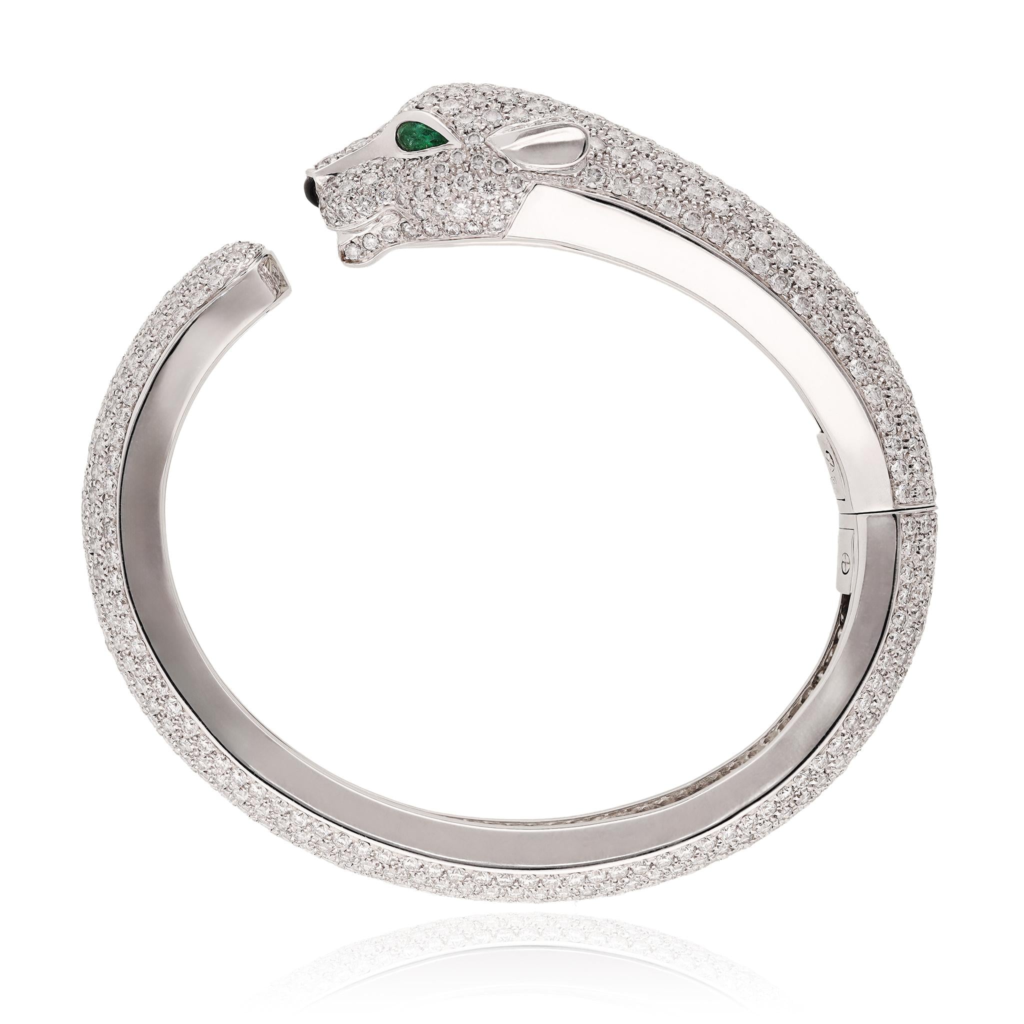 CARTIER 18K White Gold Diamond, Emerald, and Onyx Panther Bracelet