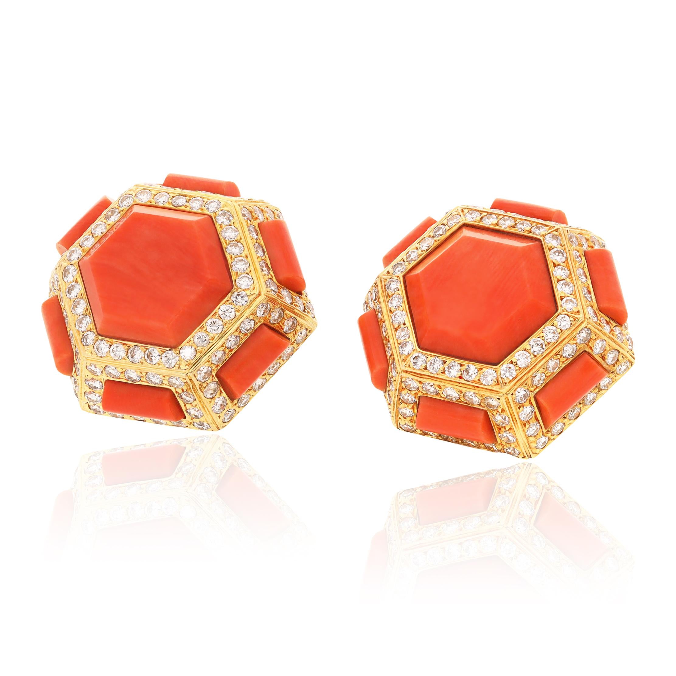 CARTIER 18K Yellow Gold, Coral and Diamond Bracelet, Ear Clips and Ring