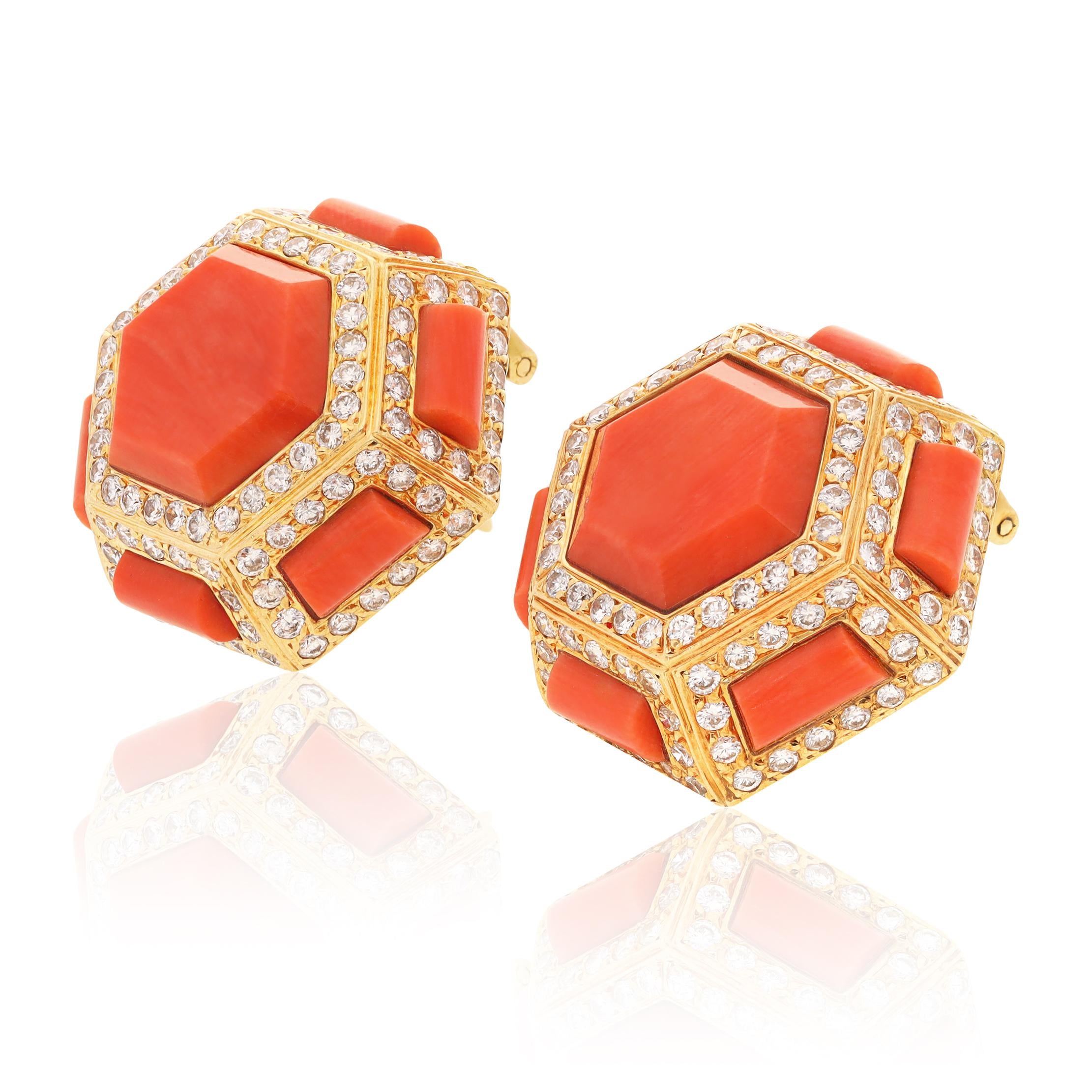 CARTIER 18K Yellow Gold, Coral and Diamond Bracelet, Ear Clips and Ring