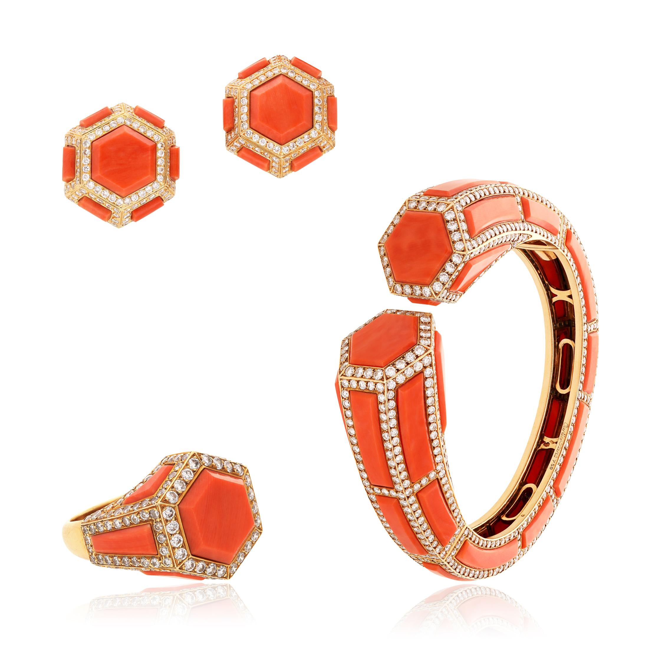 CARTIER 18K Yellow Gold, Coral and Diamond Bracelet, Ear Clips and Ring