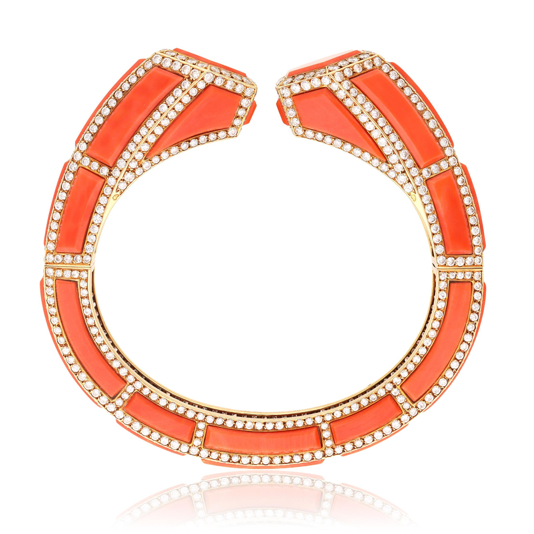 CARTIER 18K Yellow Gold, Coral and Diamond Bracelet, Ear Clips and Ring