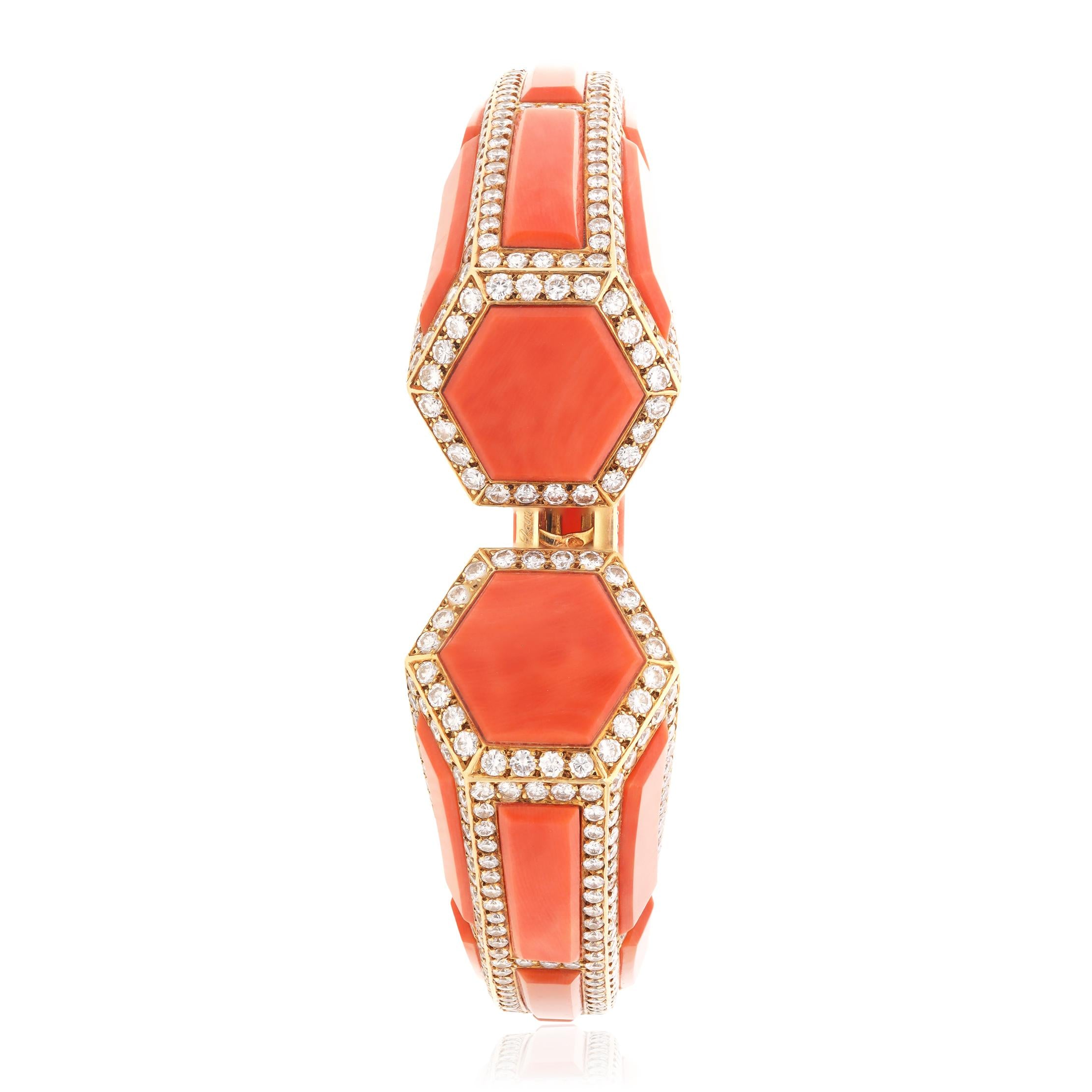 CARTIER 18K Yellow Gold, Coral and Diamond Bracelet, Ear Clips and Ring