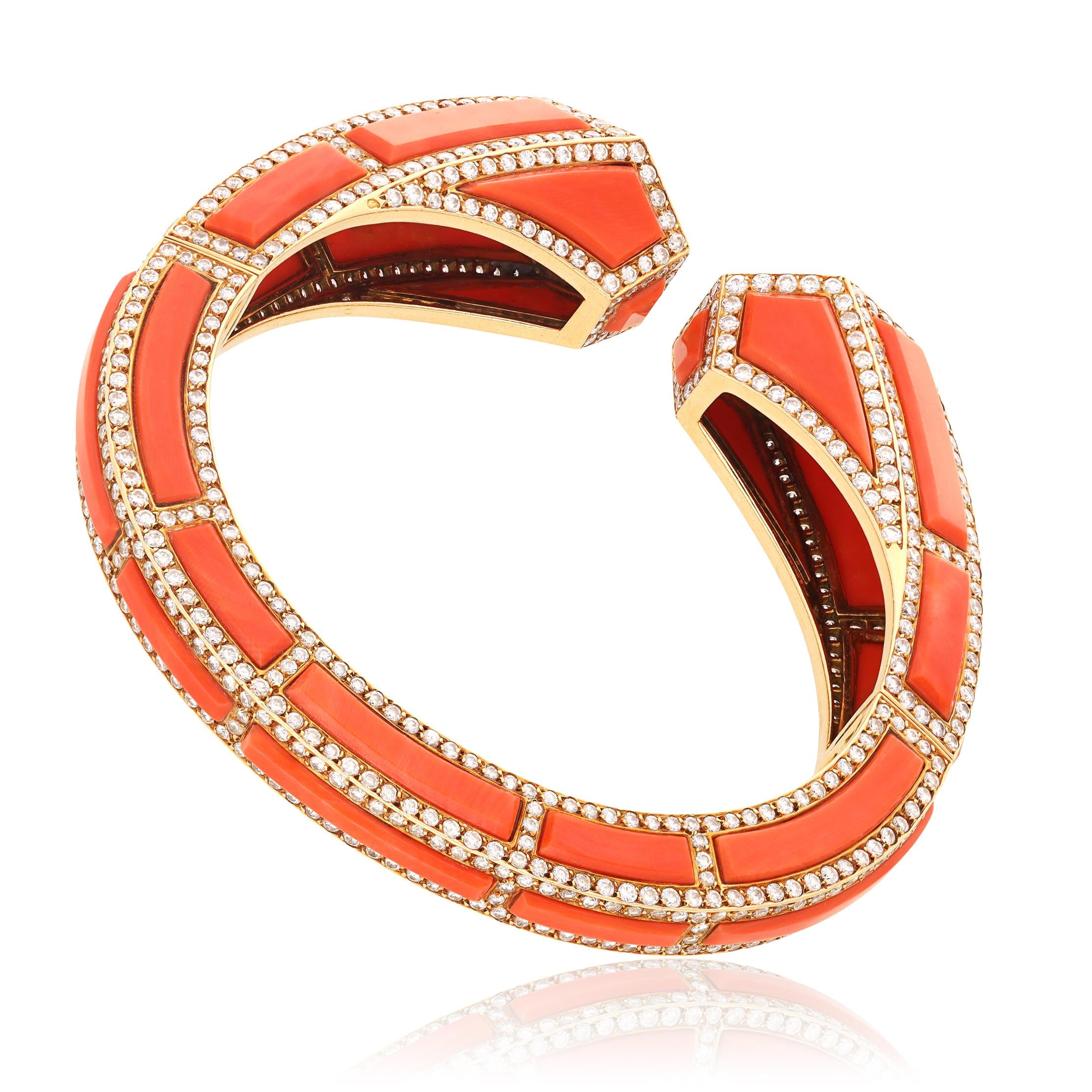 CARTIER 18K Yellow Gold, Coral and Diamond Bracelet, Ear Clips and Ring