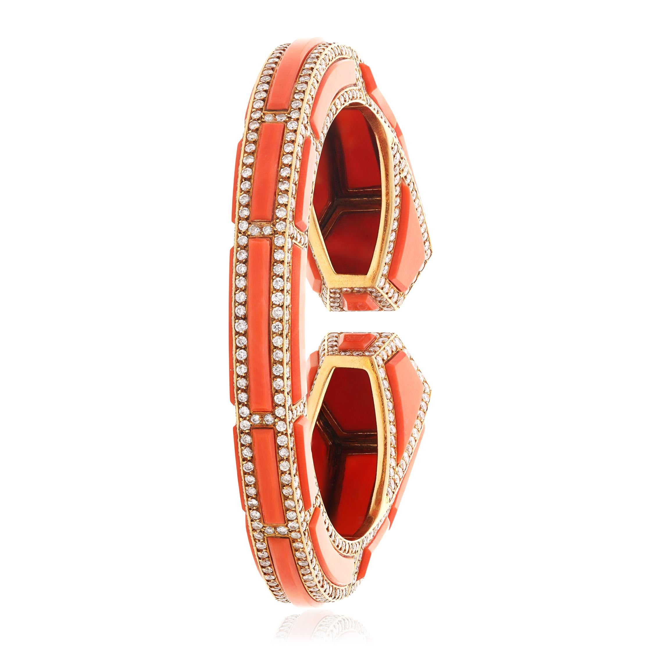 CARTIER 18K Yellow Gold, Coral and Diamond Bracelet, Ear Clips and Ring