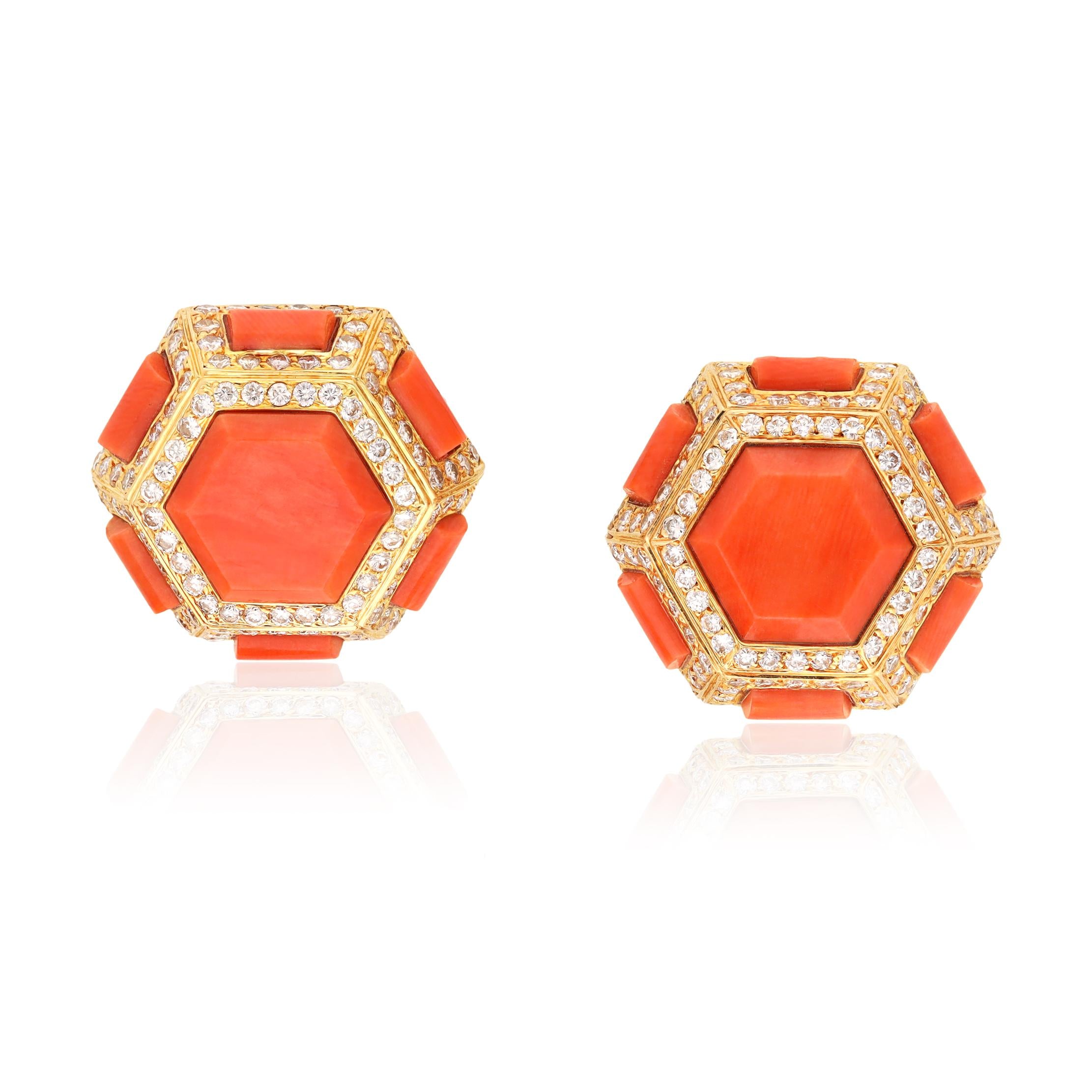 CARTIER 18K Yellow Gold, Coral and Diamond Bracelet, Ear Clips and Ring