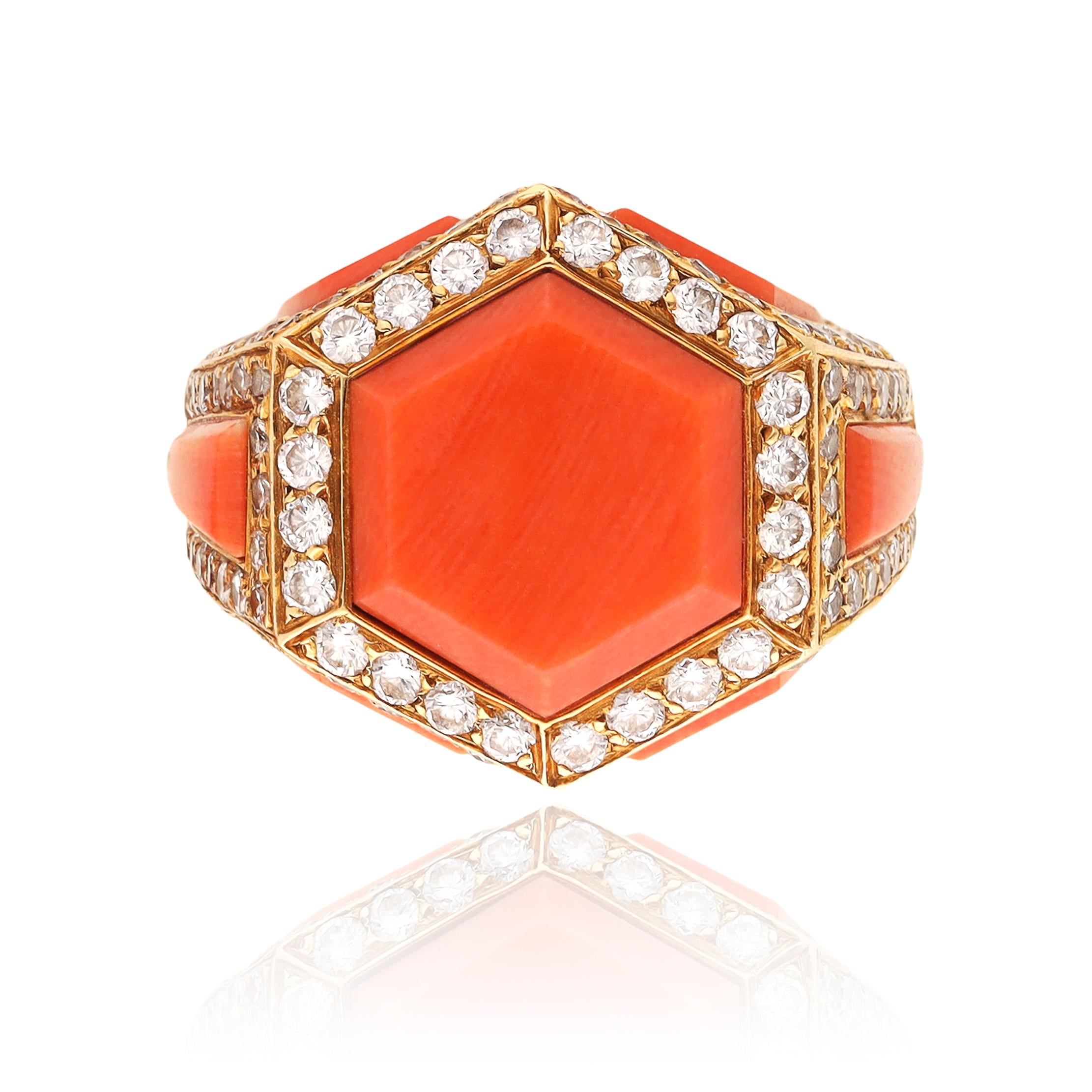 CARTIER 18K Yellow Gold, Coral and Diamond Bracelet, Ear Clips and Ring