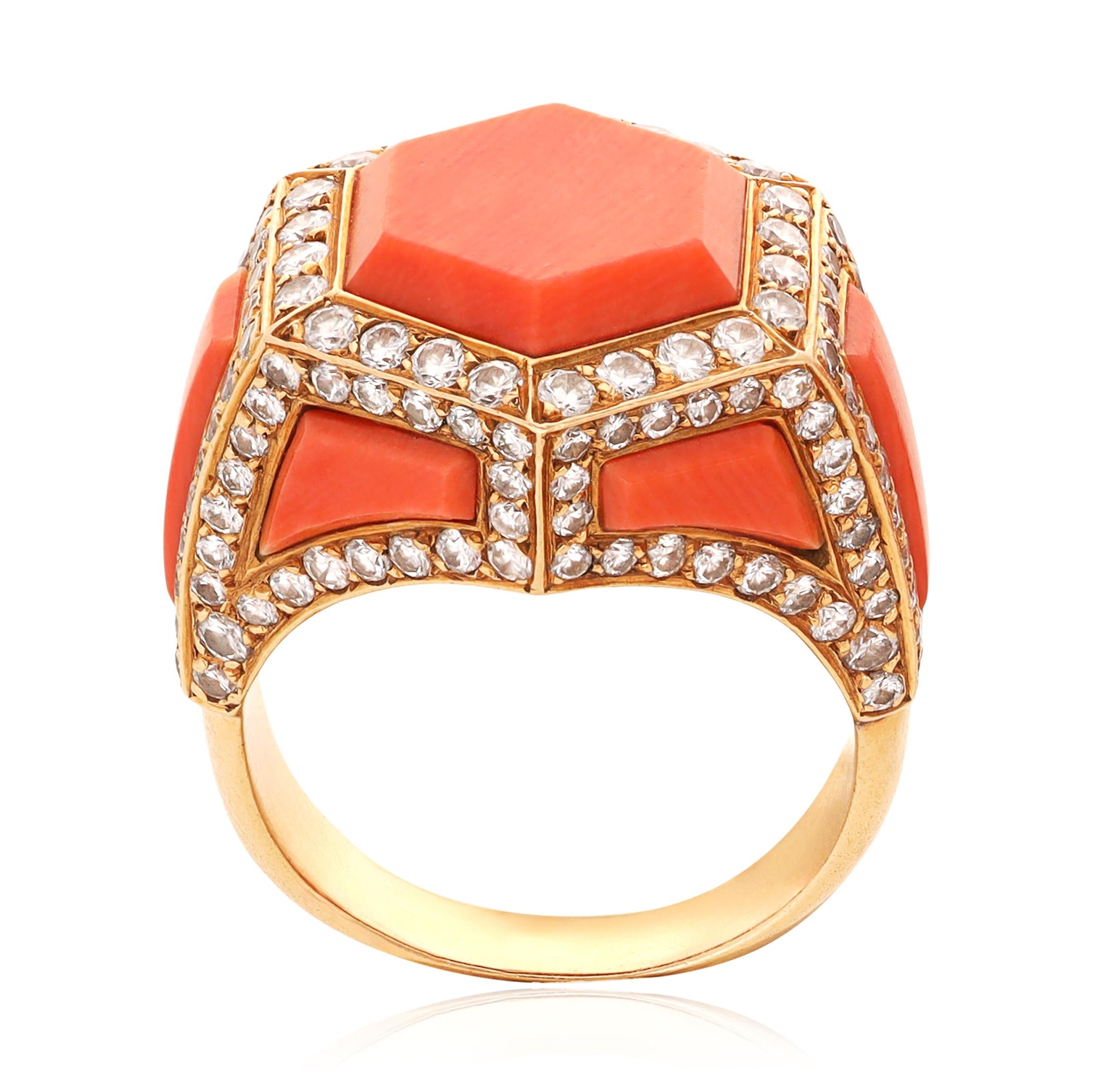 CARTIER 18K Yellow Gold, Coral and Diamond Bracelet, Ear Clips and Ring