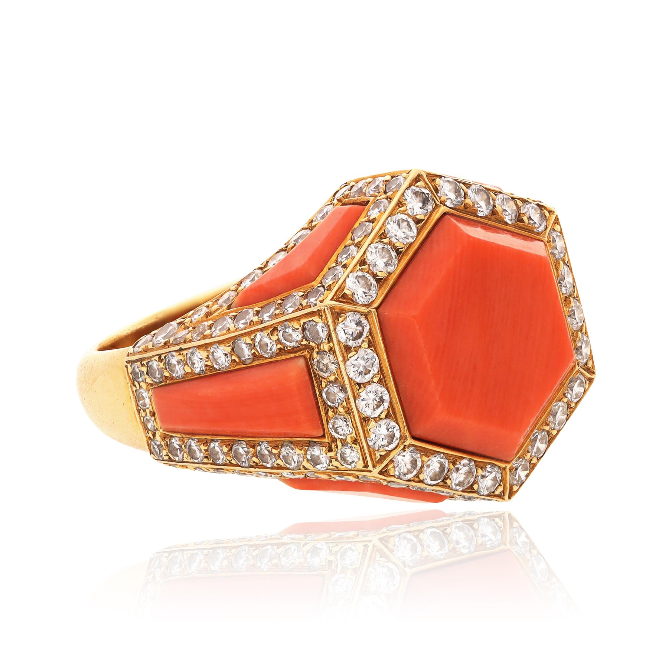 CARTIER 18K Yellow Gold, Coral and Diamond Bracelet, Ear Clips and Ring