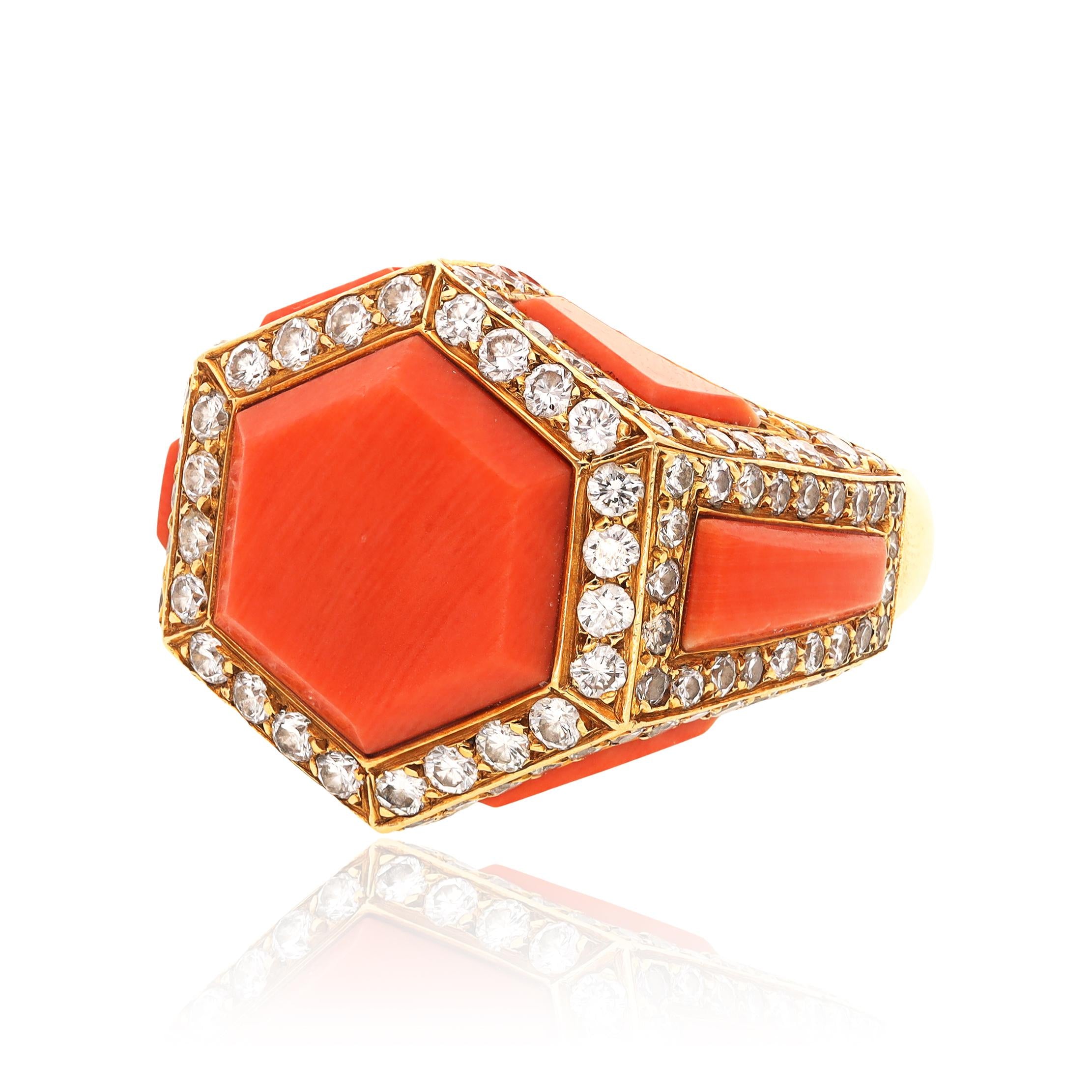 CARTIER 18K Yellow Gold, Coral and Diamond Bracelet, Ear Clips and Ring