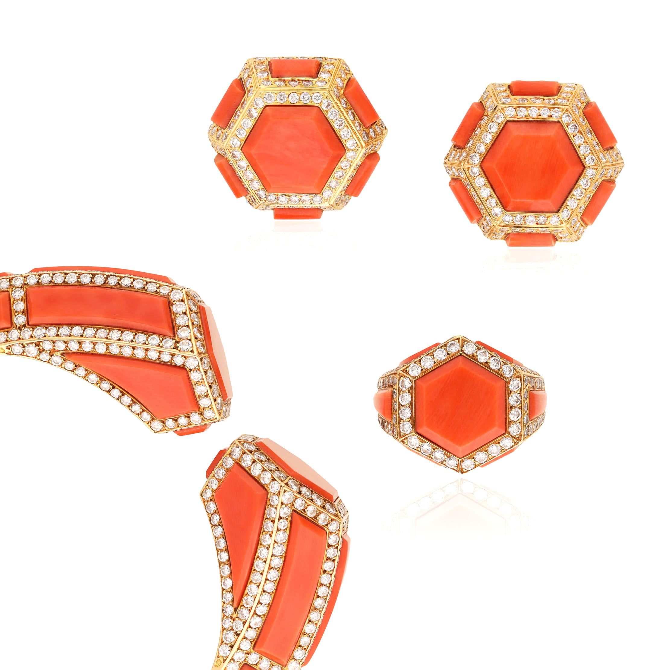 CARTIER 18K Yellow Gold, Coral and Diamond Bracelet, Ear Clips and Ring