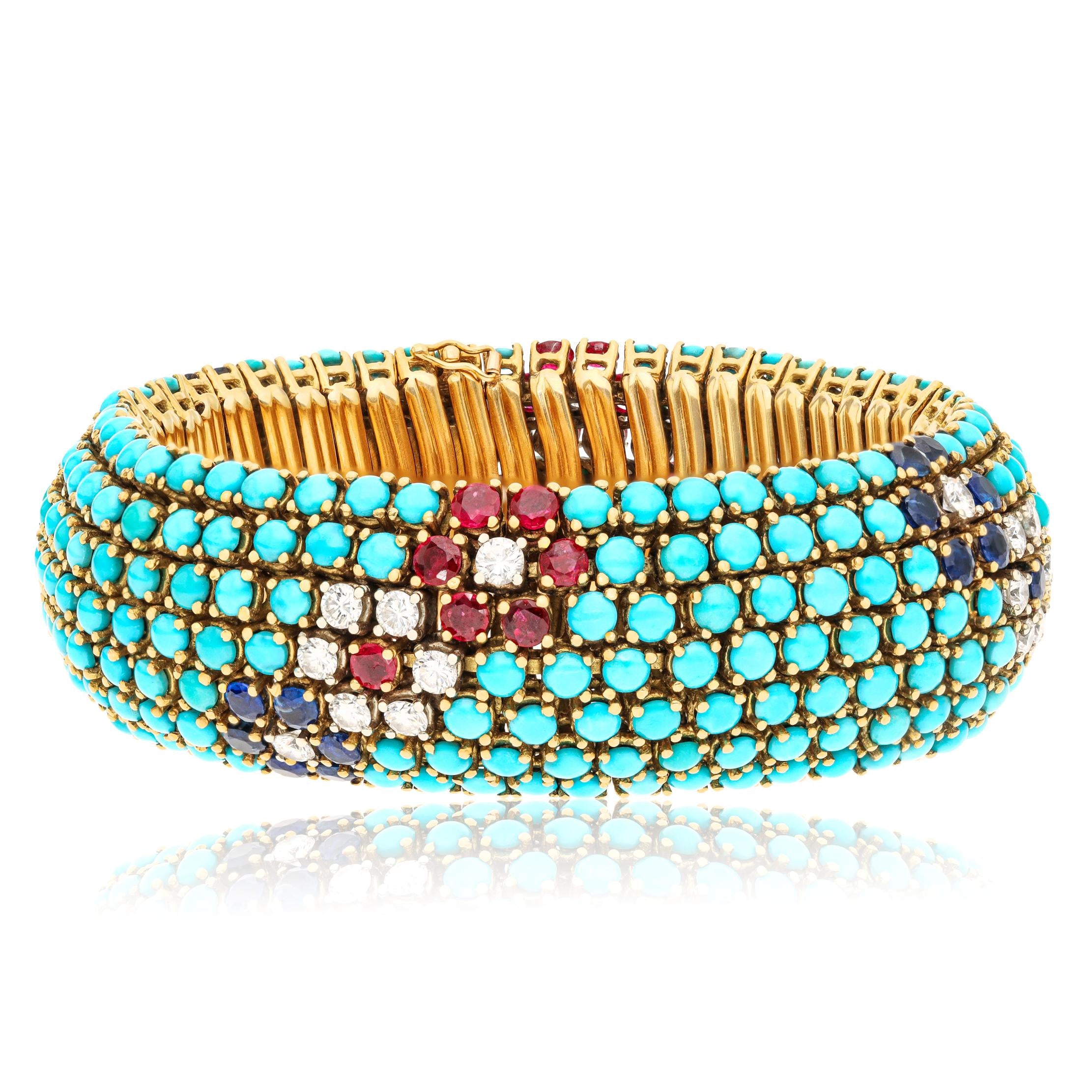 18K Yellow Gold Cabochon Turquoise, Ruby, Sapphire and Diamond Bracelet