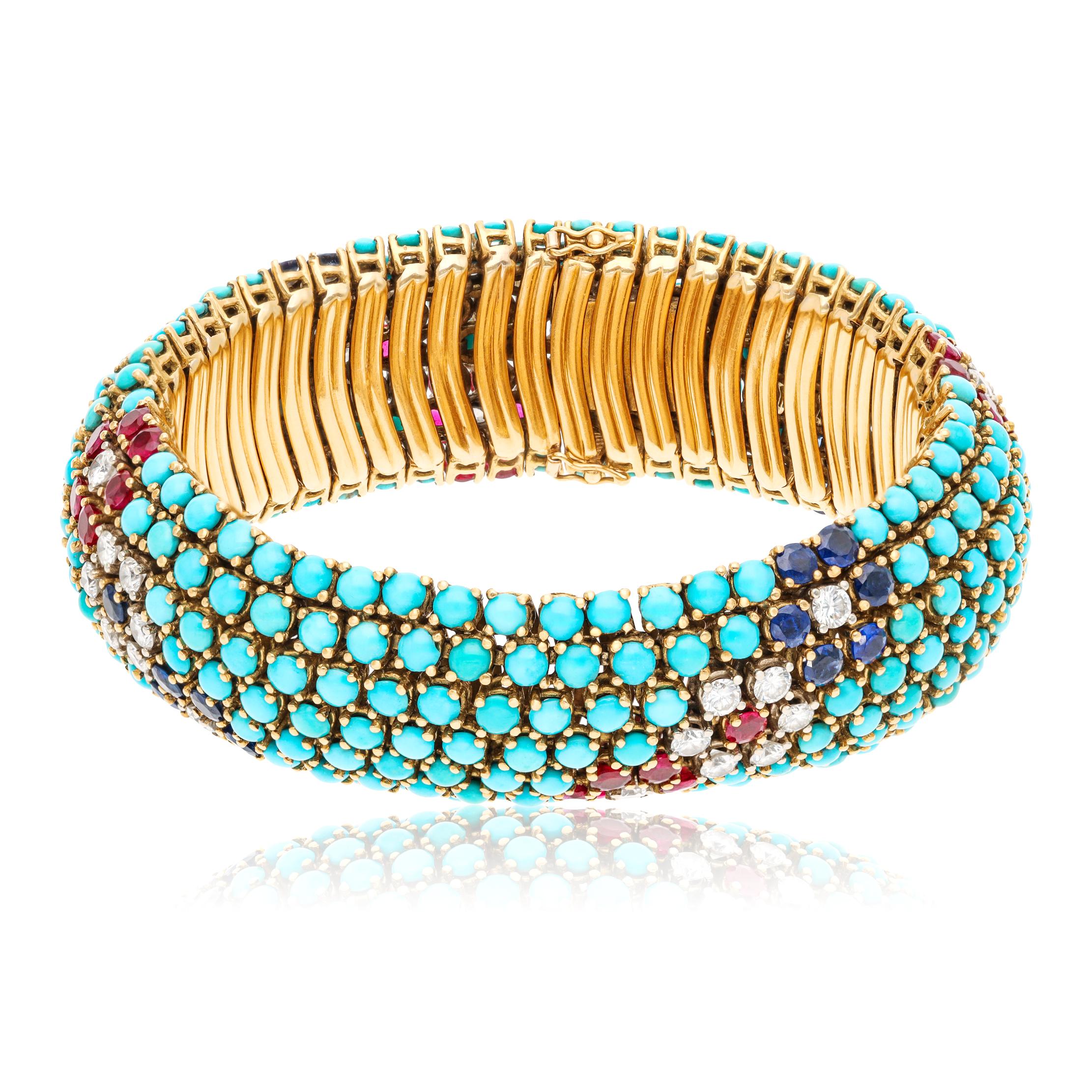 18K Yellow Gold Cabochon Turquoise, Ruby, Sapphire and Diamond Bracelet