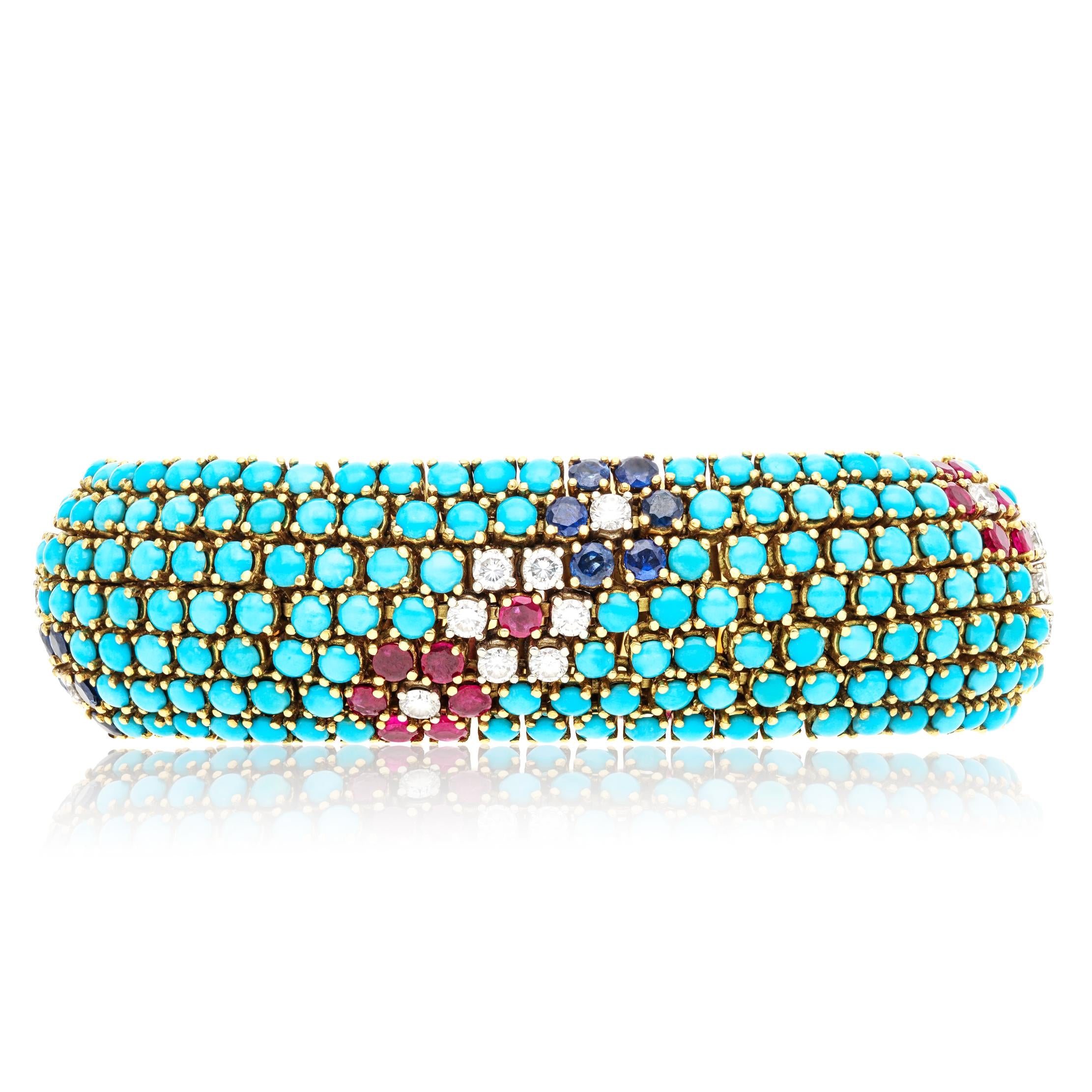 18K Yellow Gold Cabochon Turquoise, Ruby, Sapphire and Diamond Bracelet
