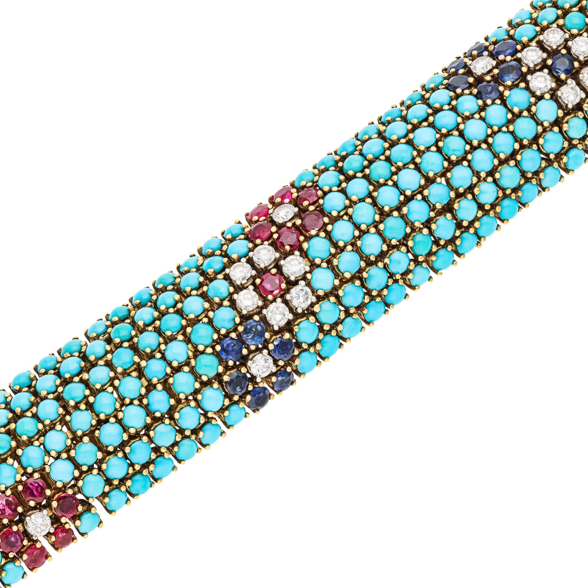 18K Yellow Gold Cabochon Turquoise, Ruby, Sapphire and Diamond Bracelet