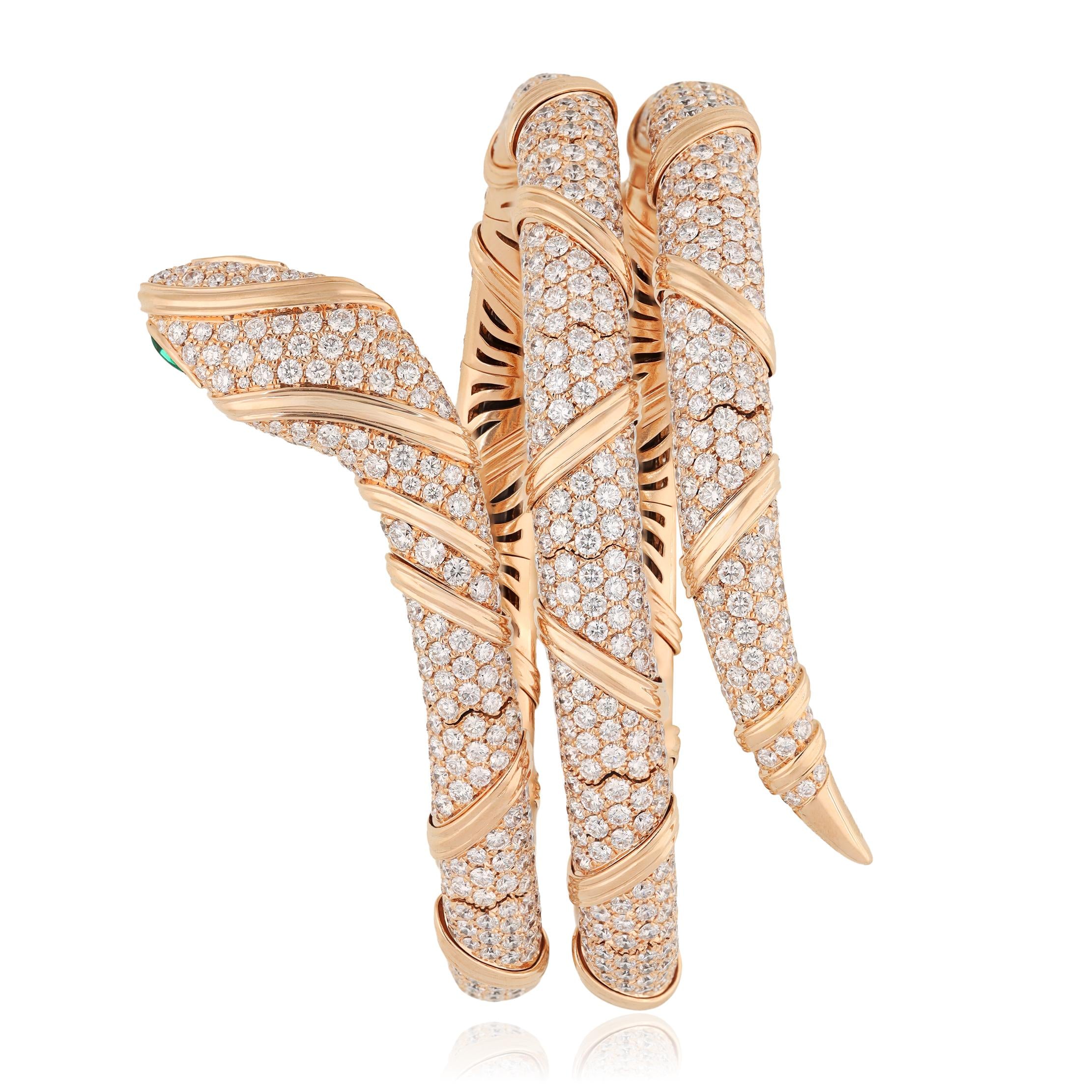 BULGARI 18K Rose Gold, Diamond and Emerald Serpenti Viper Bracelet