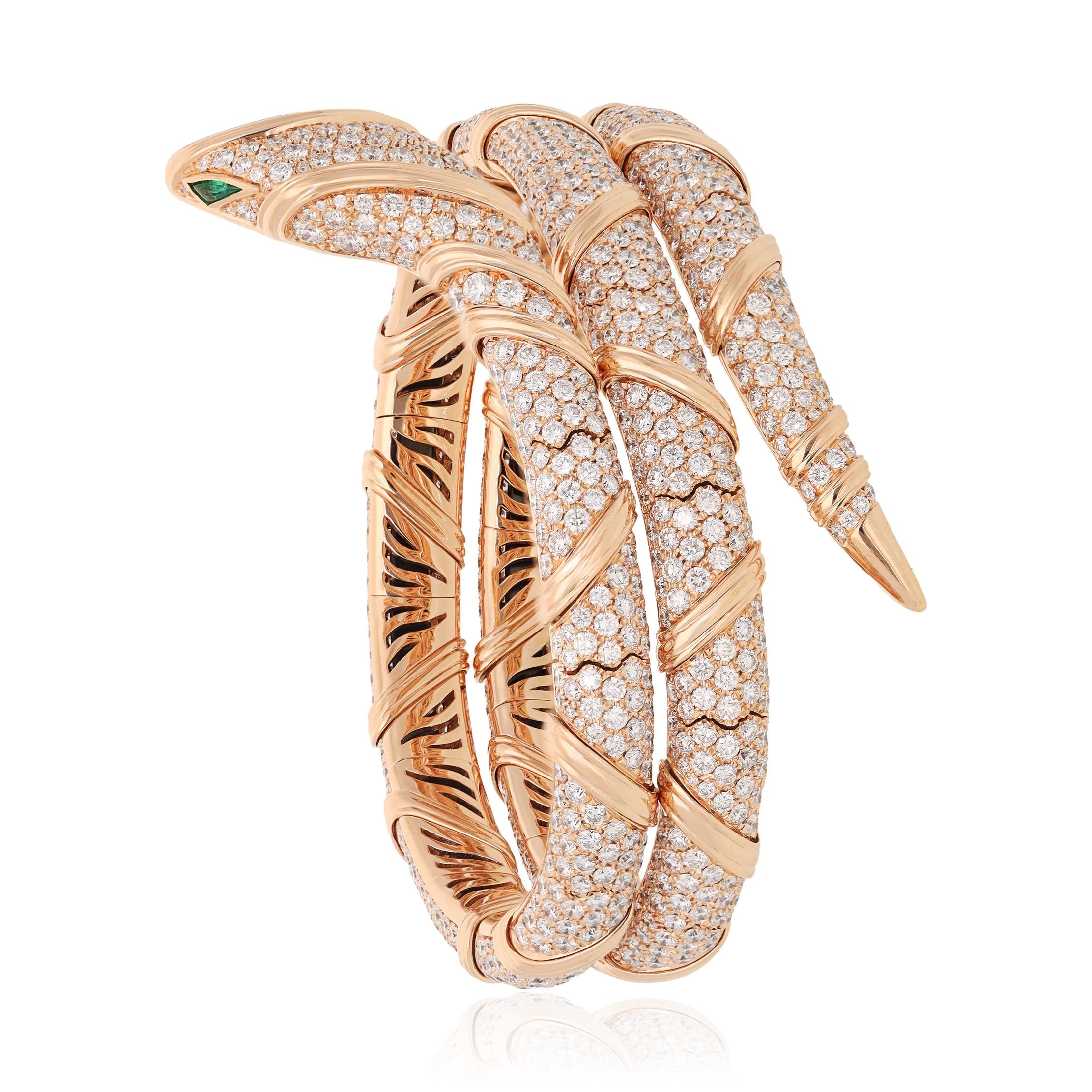 BULGARI 18K Rose Gold, Diamond and Emerald Serpenti Viper Bracelet