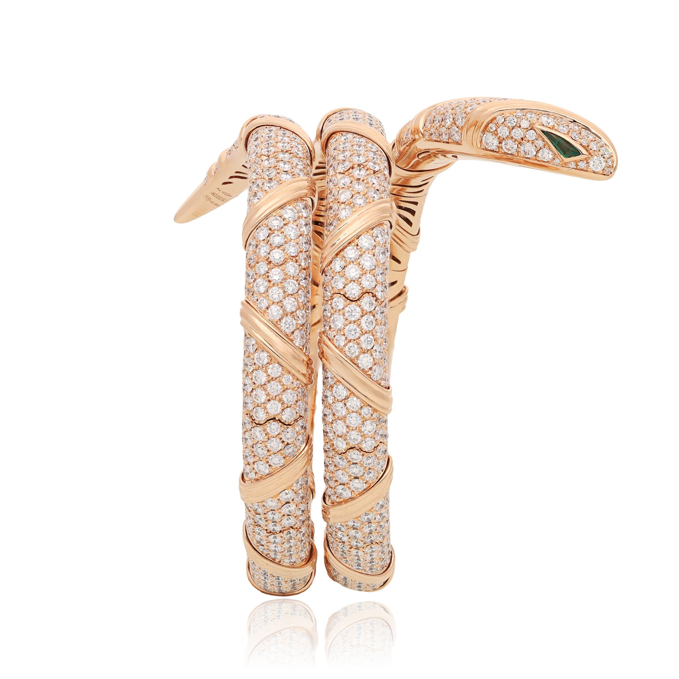 BULGARI 18K Rose Gold, Diamond and Emerald Serpenti Viper Bracelet