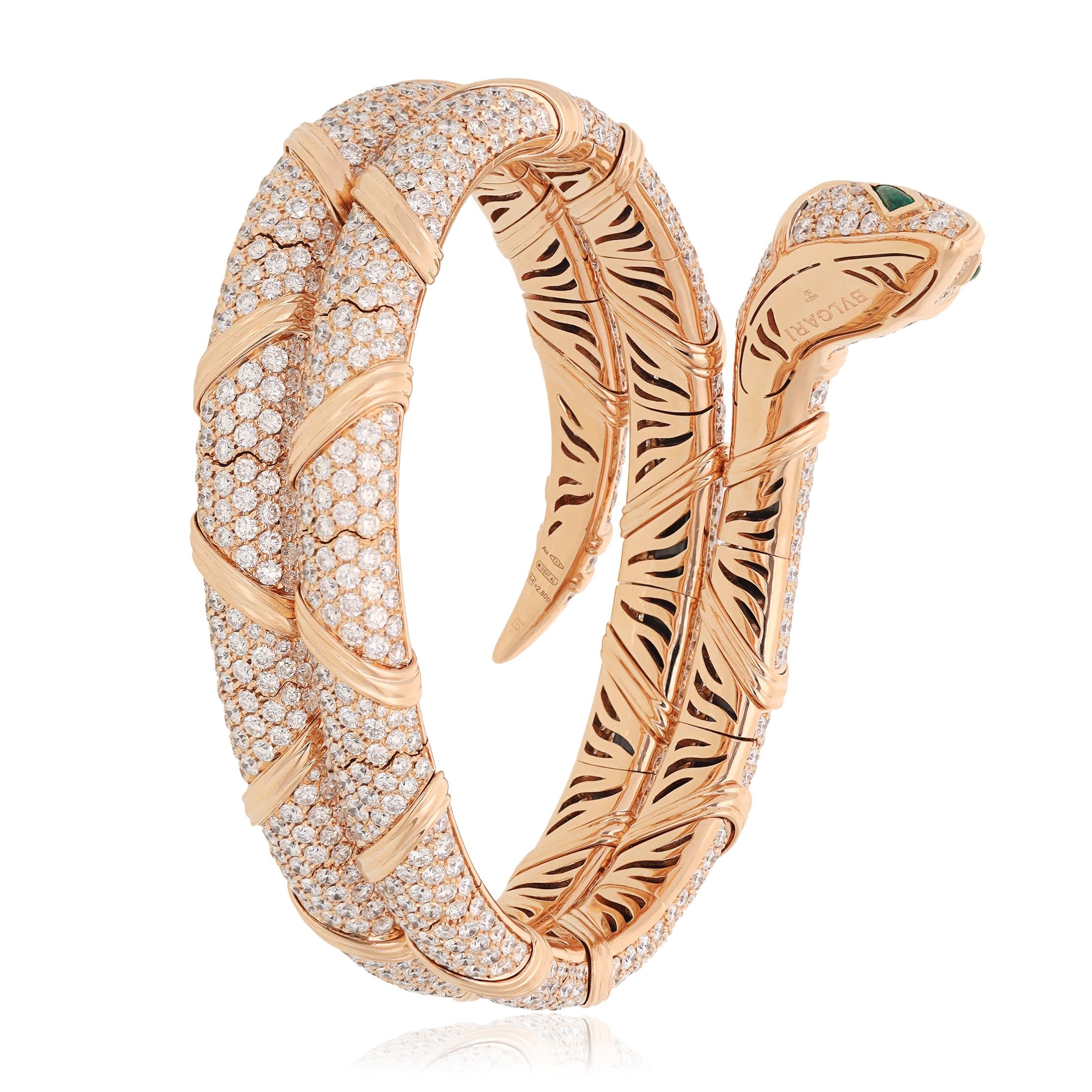 BULGARI 18K Rose Gold, Diamond and Emerald Serpenti Viper Bracelet