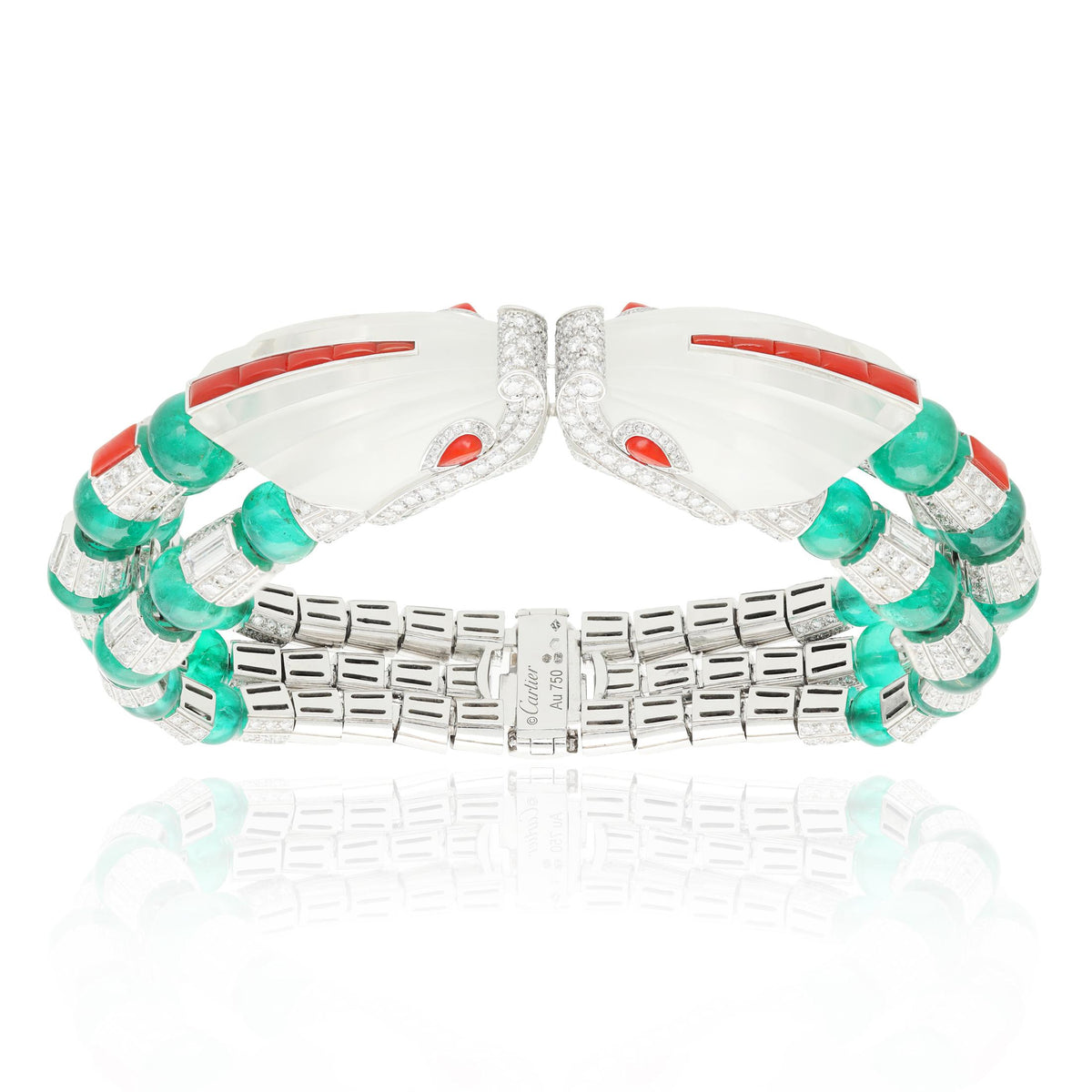CARTIER 18K Gold Rock Crystal, Diamond, Coral, and Emerald "Imugi" Bracelet