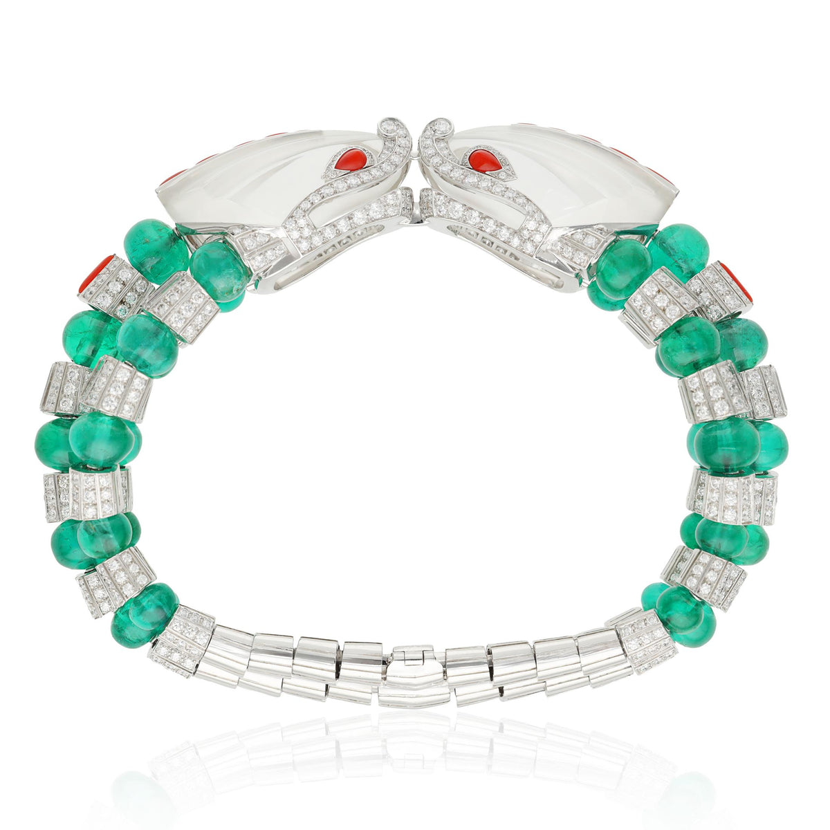 CARTIER 18K Gold Rock Crystal, Diamond, Coral, and Emerald "Imugi" Bracelet