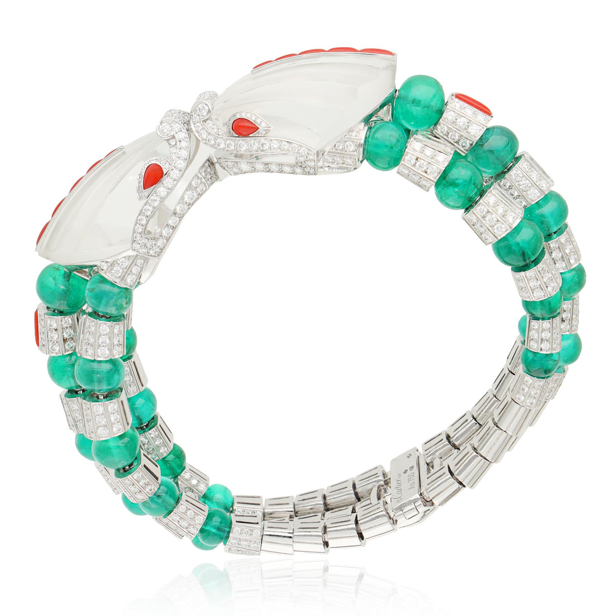 CARTIER 18K Gold Rock Crystal, Diamond, Coral, and Emerald "Imugi" Bracelet