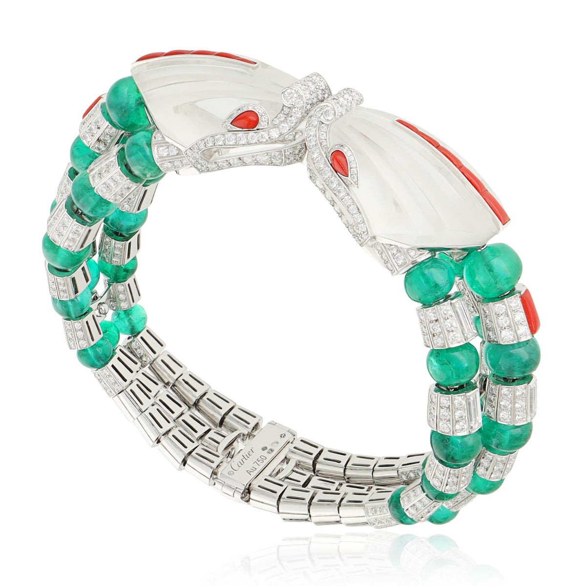 CARTIER 18K Gold Rock Crystal, Diamond, Coral, and Emerald "Imugi" Bracelet