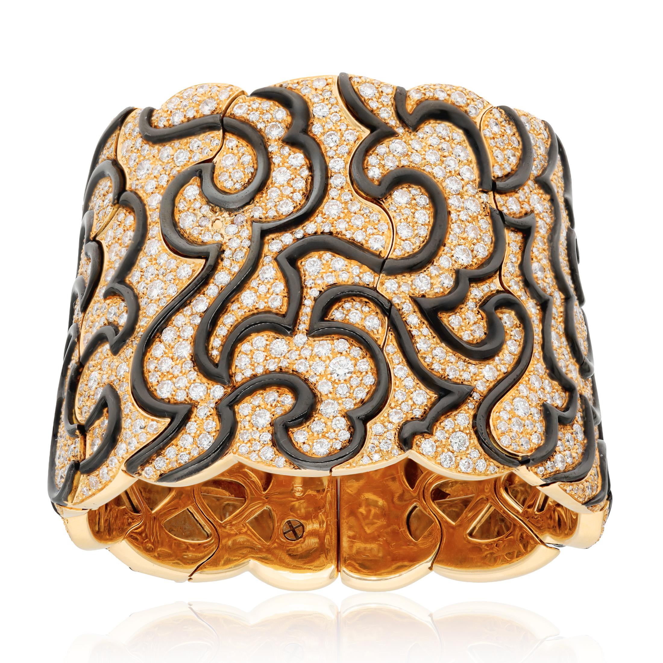 MARINA B. 18k Yellow Gold, Diamond and Black Enamel Cuff Bracelet