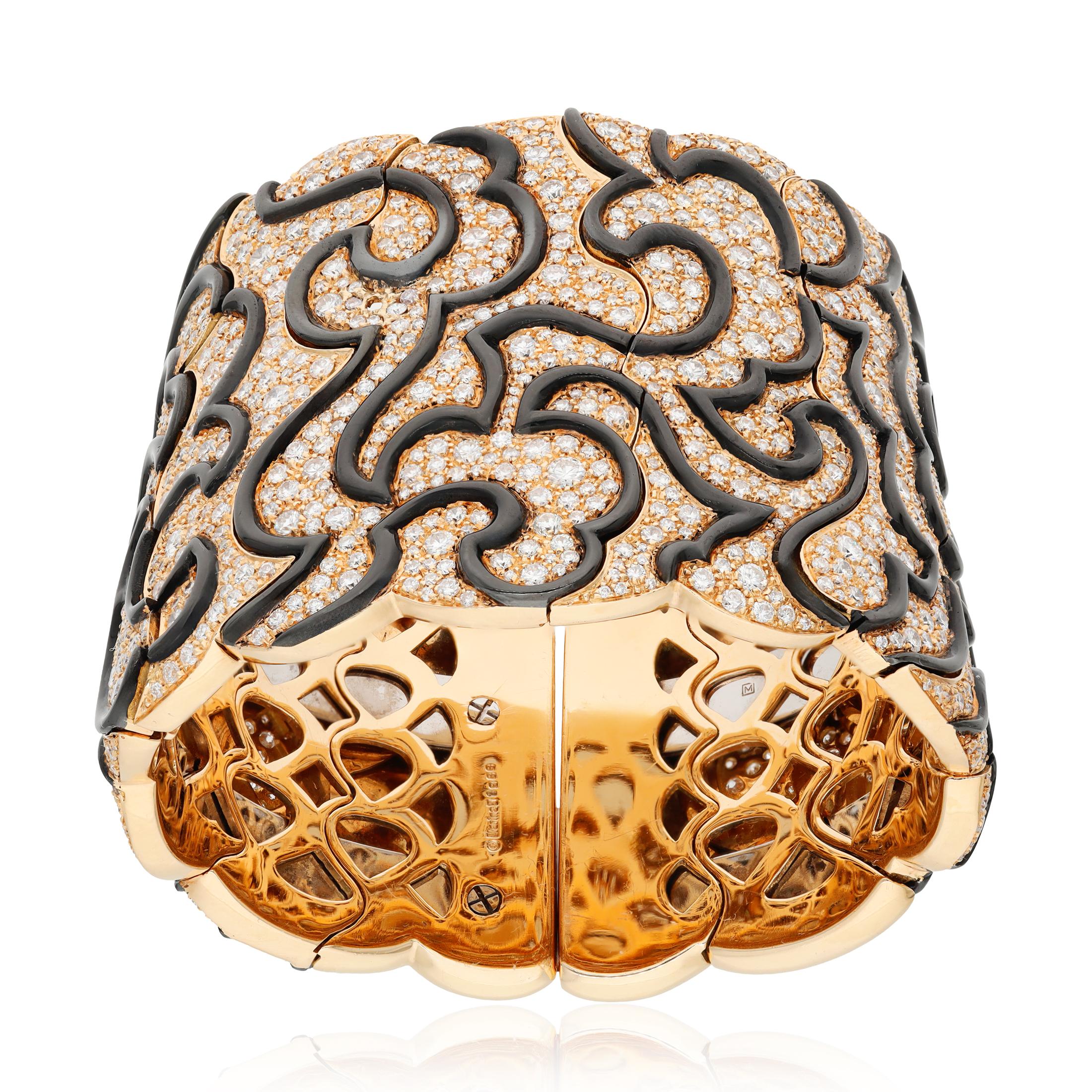 MARINA B. 18k Yellow Gold, Diamond and Black Enamel Cuff Bracelet