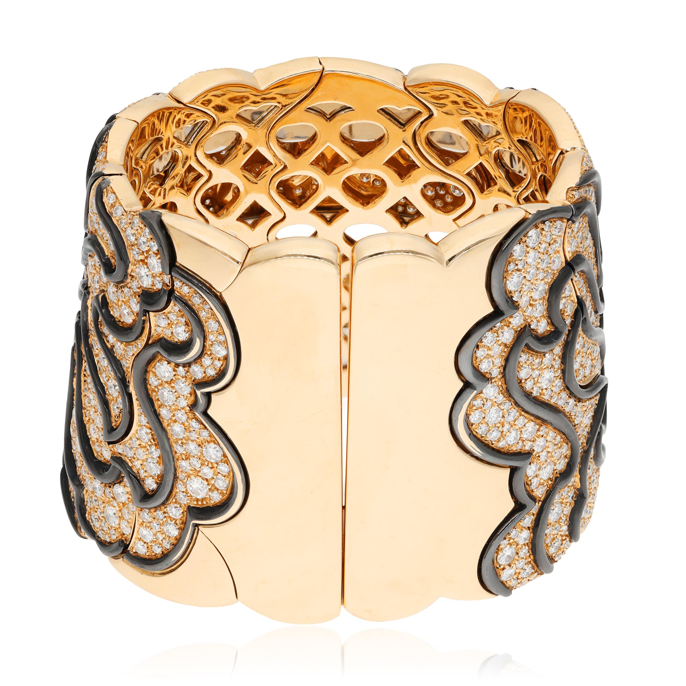 MARINA B. 18k Yellow Gold, Diamond and Black Enamel Cuff Bracelet