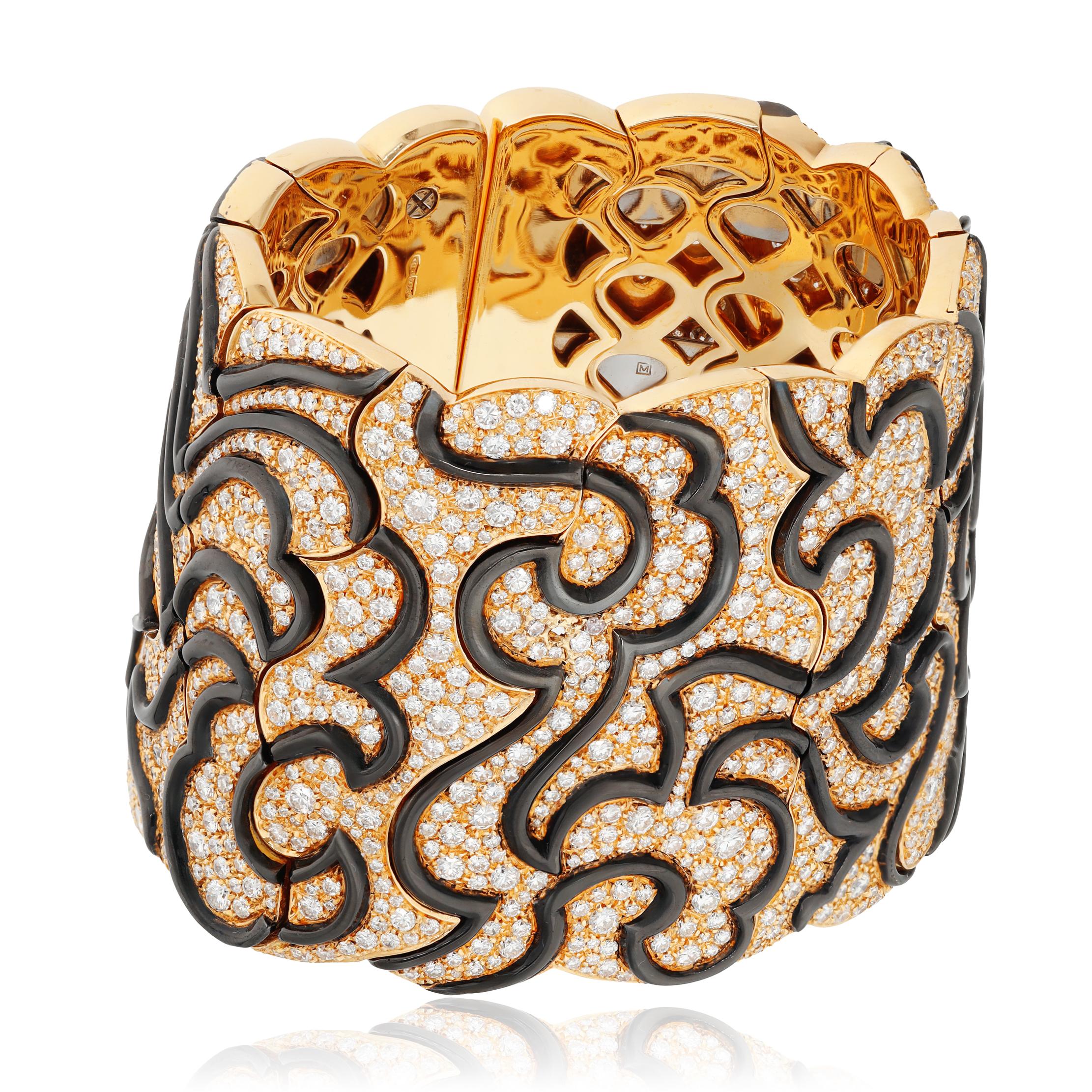 MARINA B. 18k Yellow Gold, Diamond and Black Enamel Cuff Bracelet