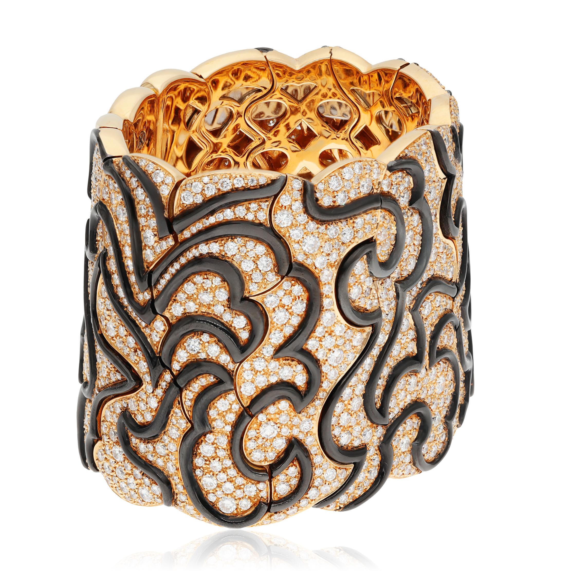 MARINA B. 18k Yellow Gold, Diamond and Black Enamel Cuff Bracelet