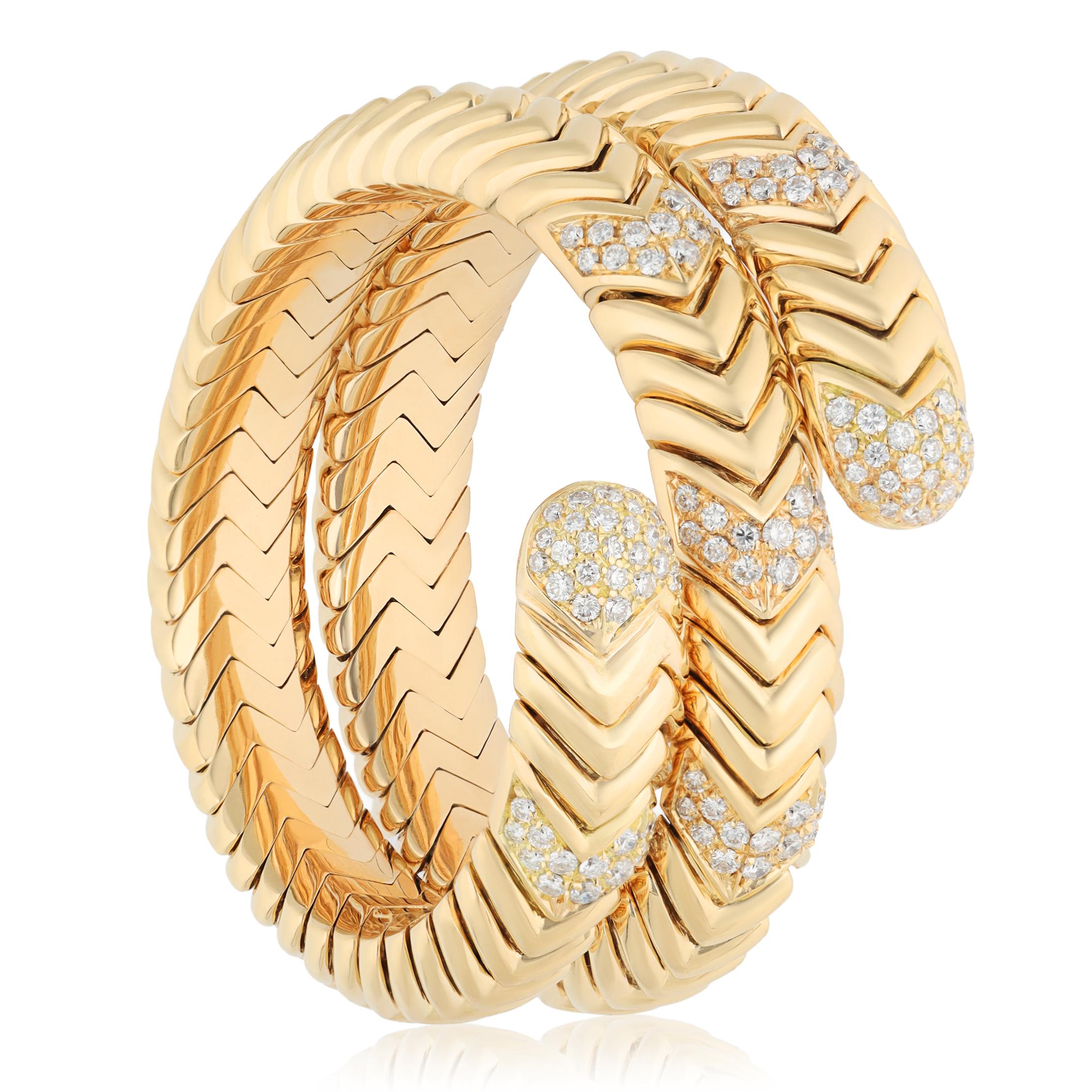 BVLGARI 18K Yellow Gold Diamond 3-Row Spiga Wrap Bracelet