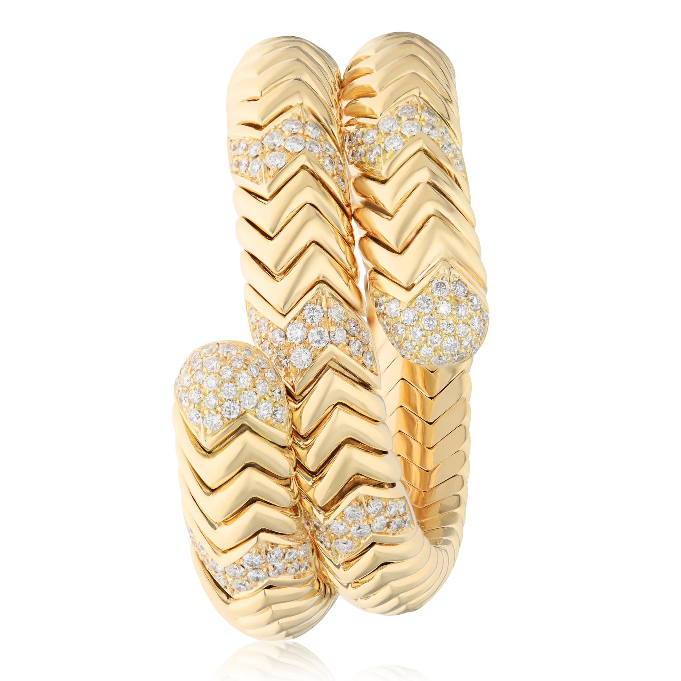 BVLGARI 18K Yellow Gold Diamond 3-Row Spiga Wrap Bracelet