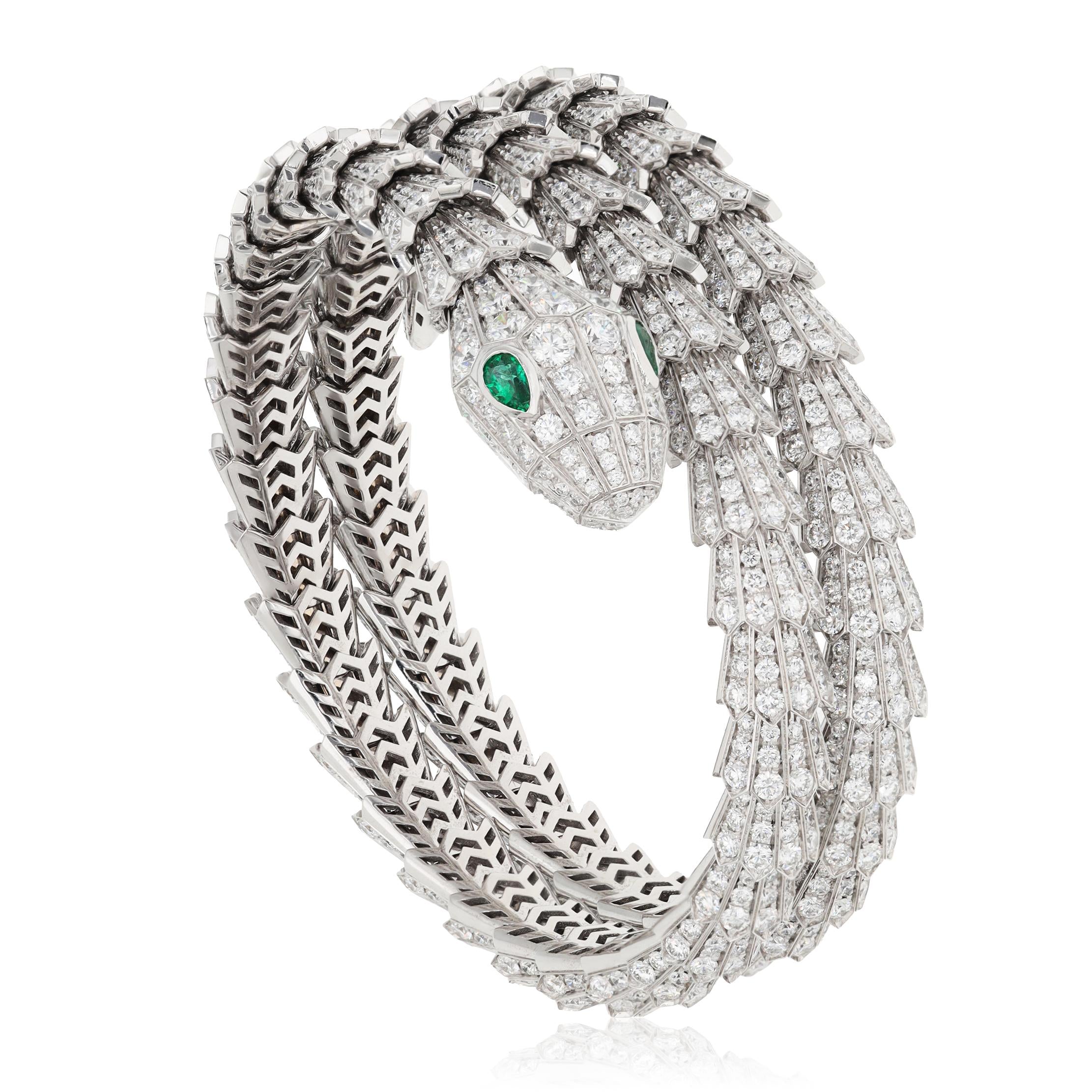 BULGARI 18K White Gold, Diamond and Emerald 3-Row Serpenti Bracelet