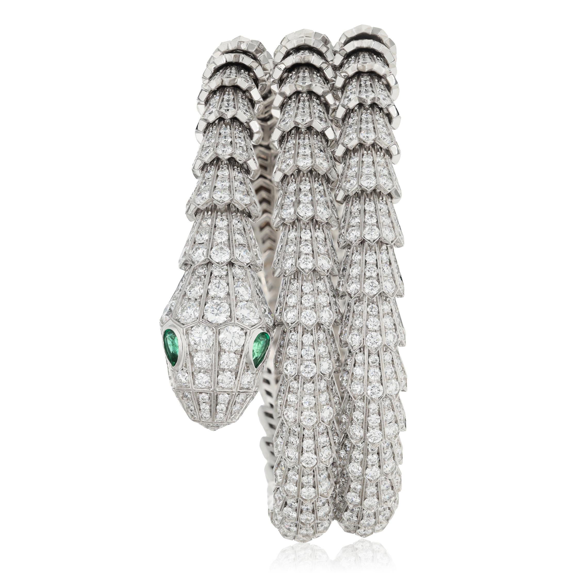 BULGARI 18K White Gold, Diamond and Emerald 3-Row Serpenti Bracelet
