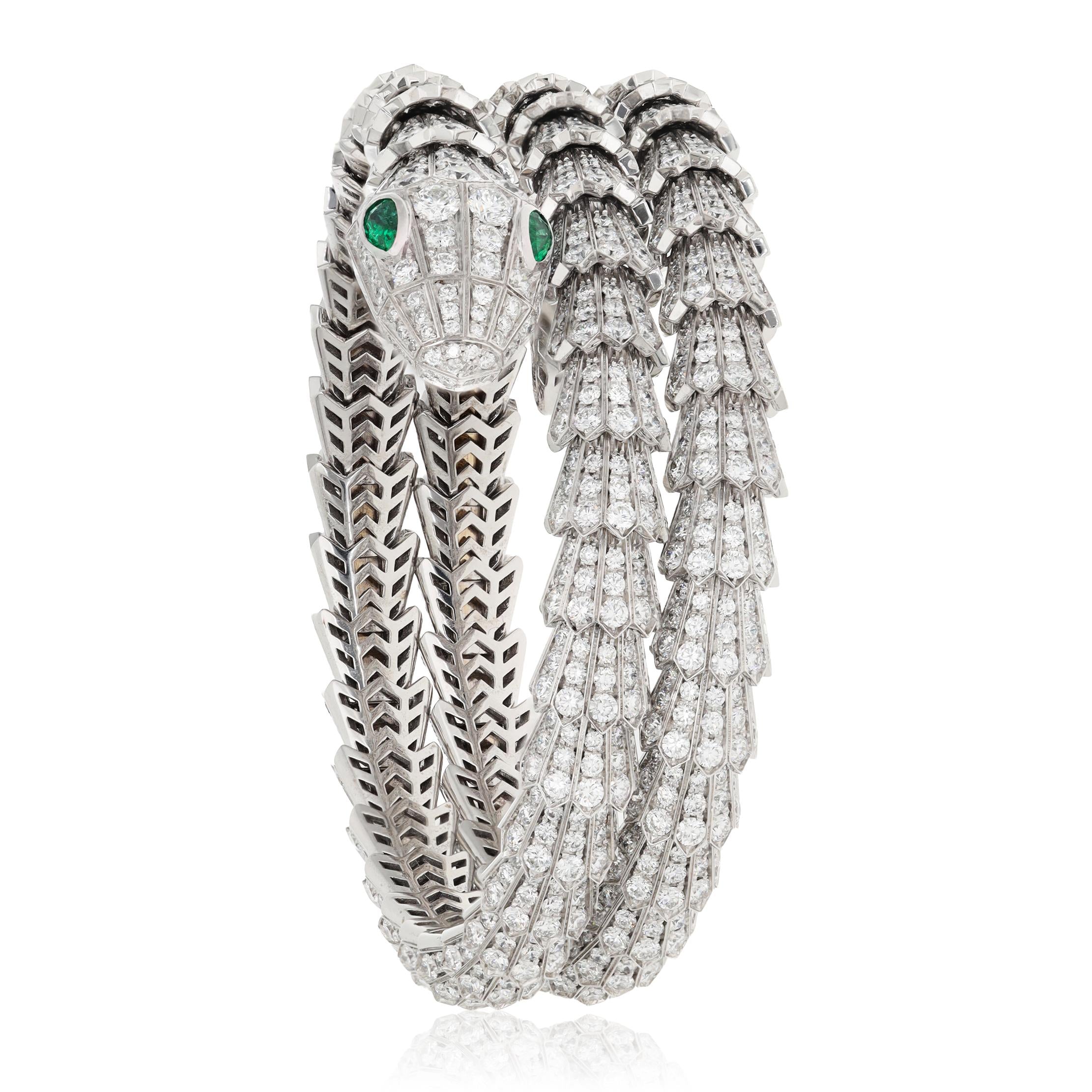 BULGARI 18K White Gold, Diamond and Emerald 3-Row Serpenti Bracelet