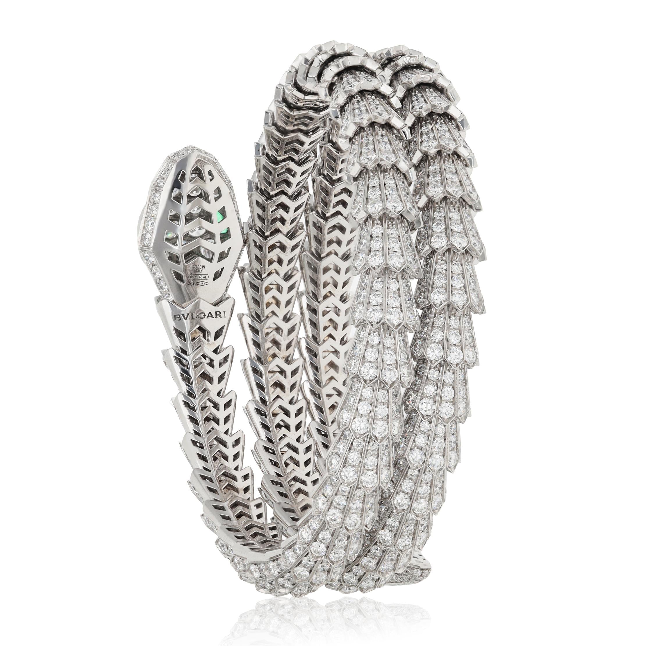 BULGARI 18K White Gold, Diamond and Emerald 3-Row Serpenti Bracelet