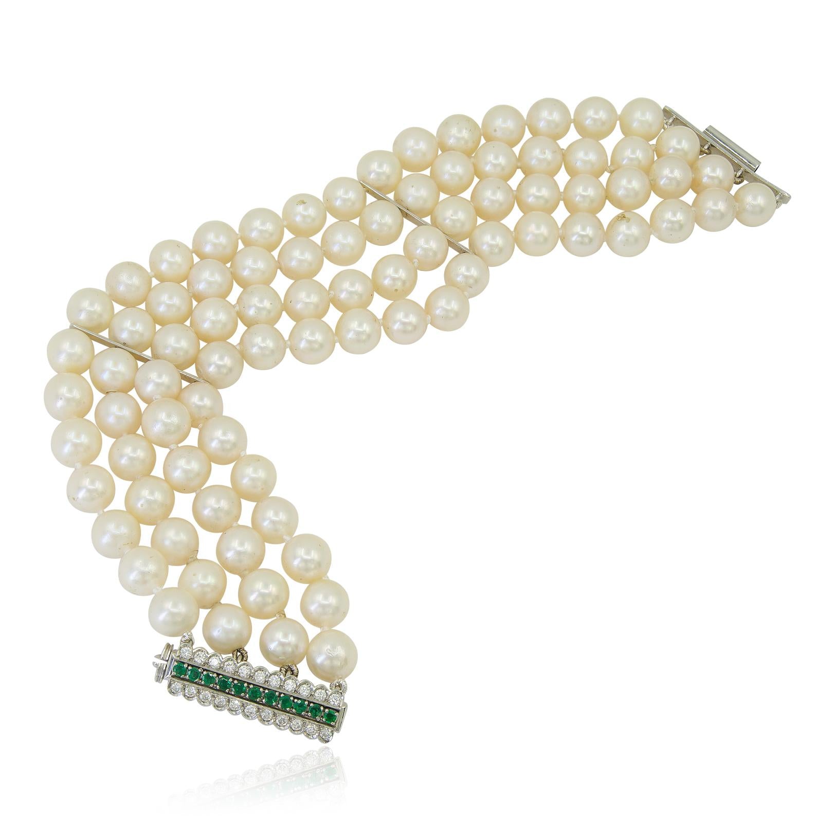 Platinum, Diamond, and Emerald Clasp Cultured Pearl Bracelet