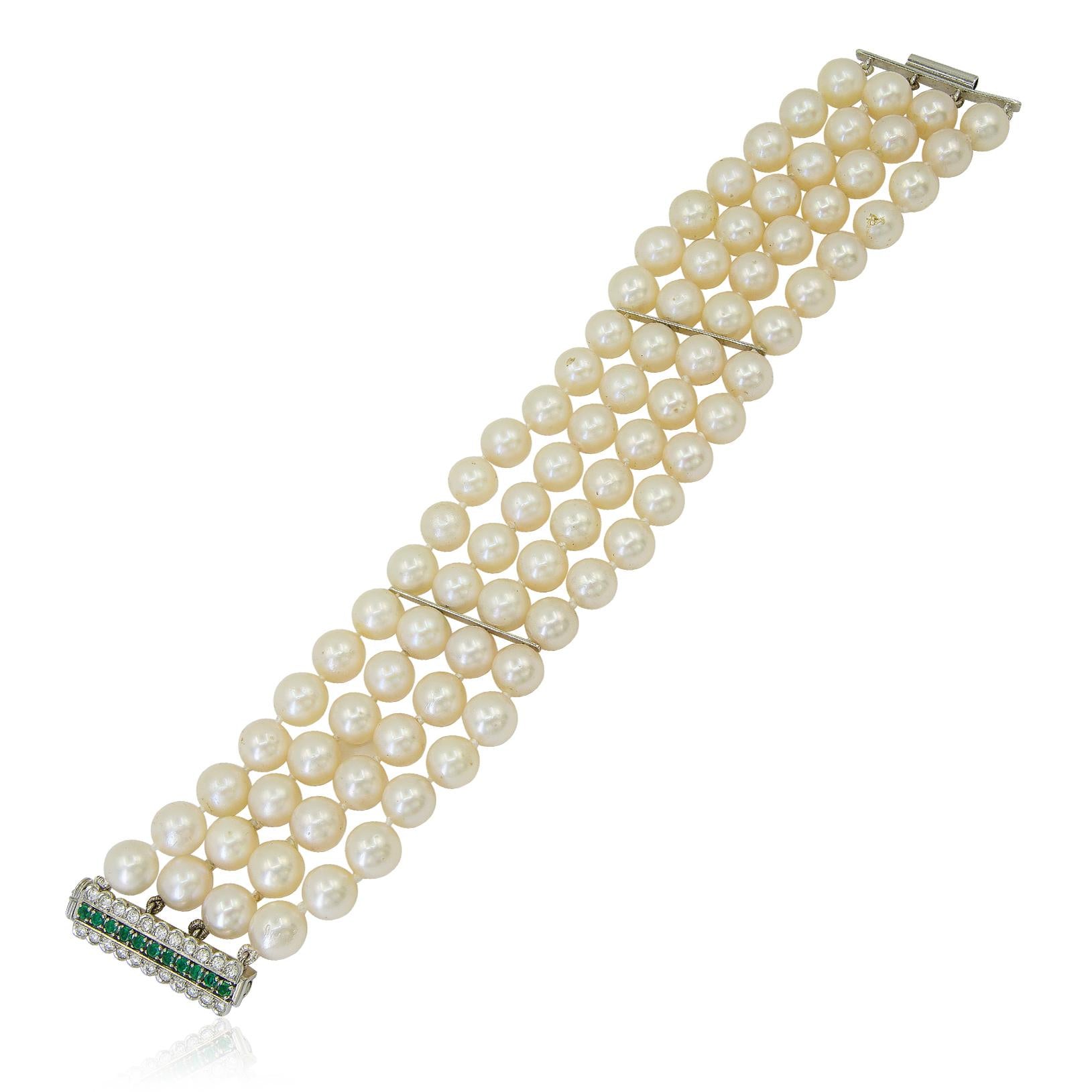 Platinum, Diamond, and Emerald Clasp Cultured Pearl Bracelet