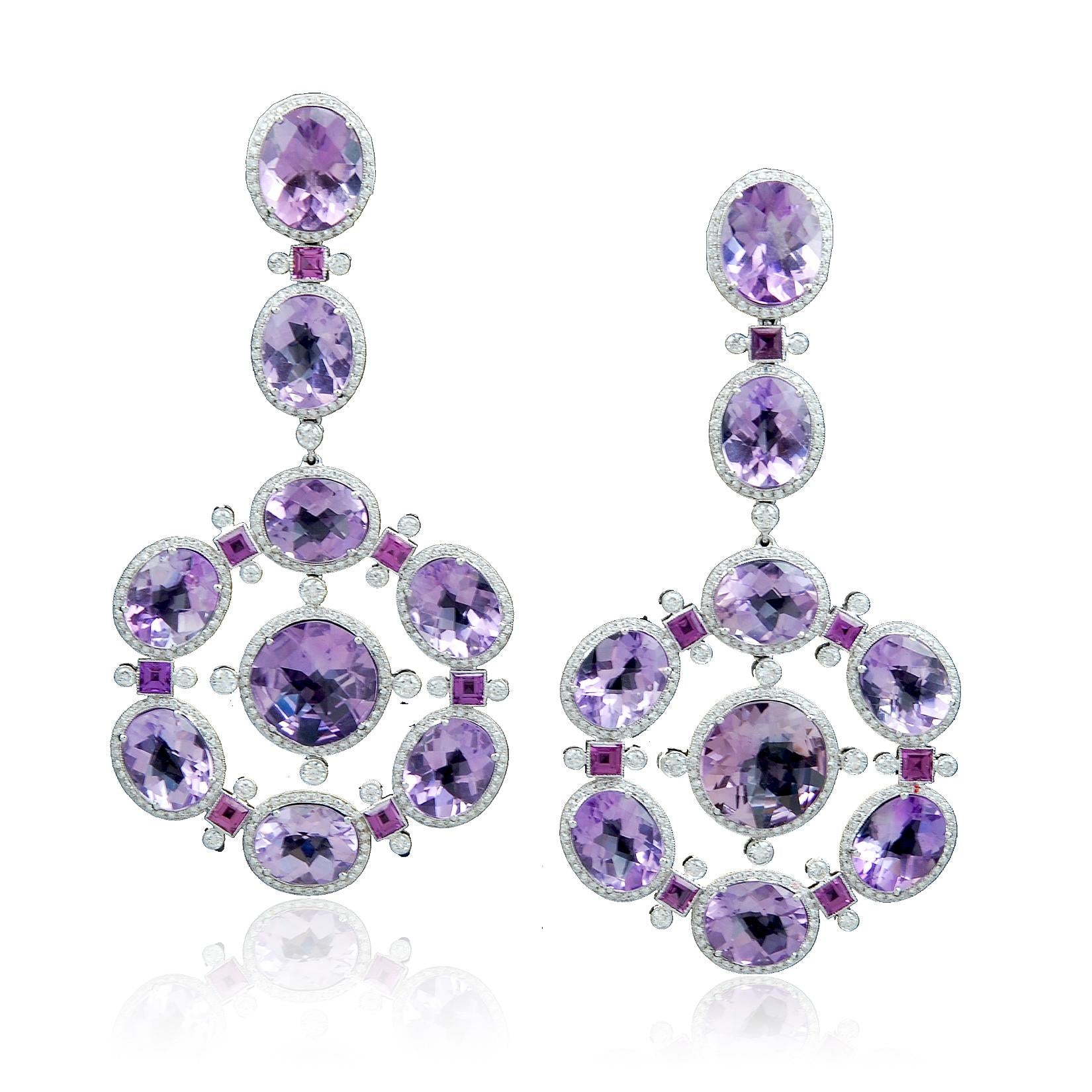 Platinum Diamond, Amethyst, and Pink Sapphire Ear Clips