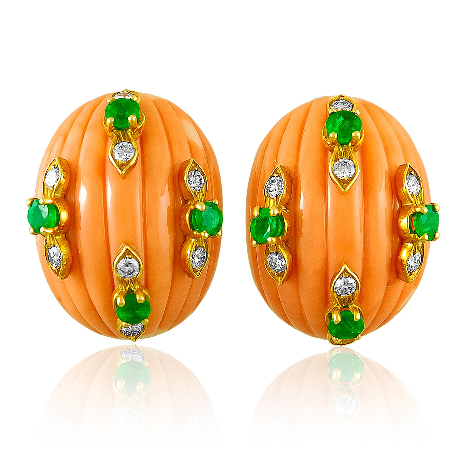 DAVID WEBB 18K Yellow Gold, Coral, Emerald & Diamond Ear Clips