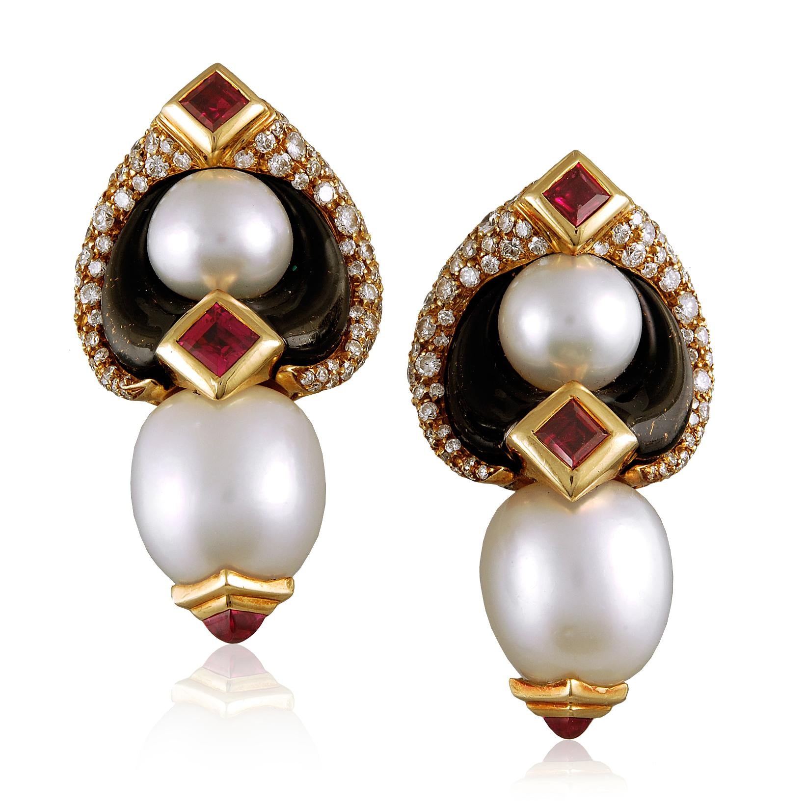 MARINA B. 18K Yellow Gold, Pearl, Diamond, Black Onyx & Pink Tourmaline Ear Clip