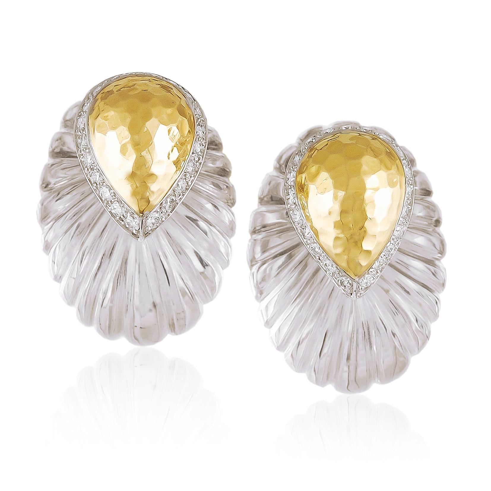 DAVID WEBB 18K Yellow Gold, Platinum, Diamond & Carved Rock Crystal Ear Clips
