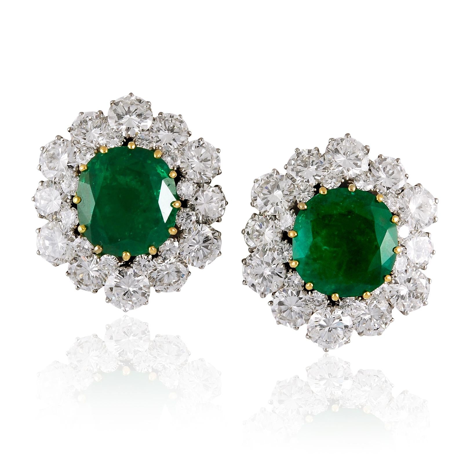 BULGARI Colombian Cushion-Shaped Emerald and Diamond Cluster Ear Clips