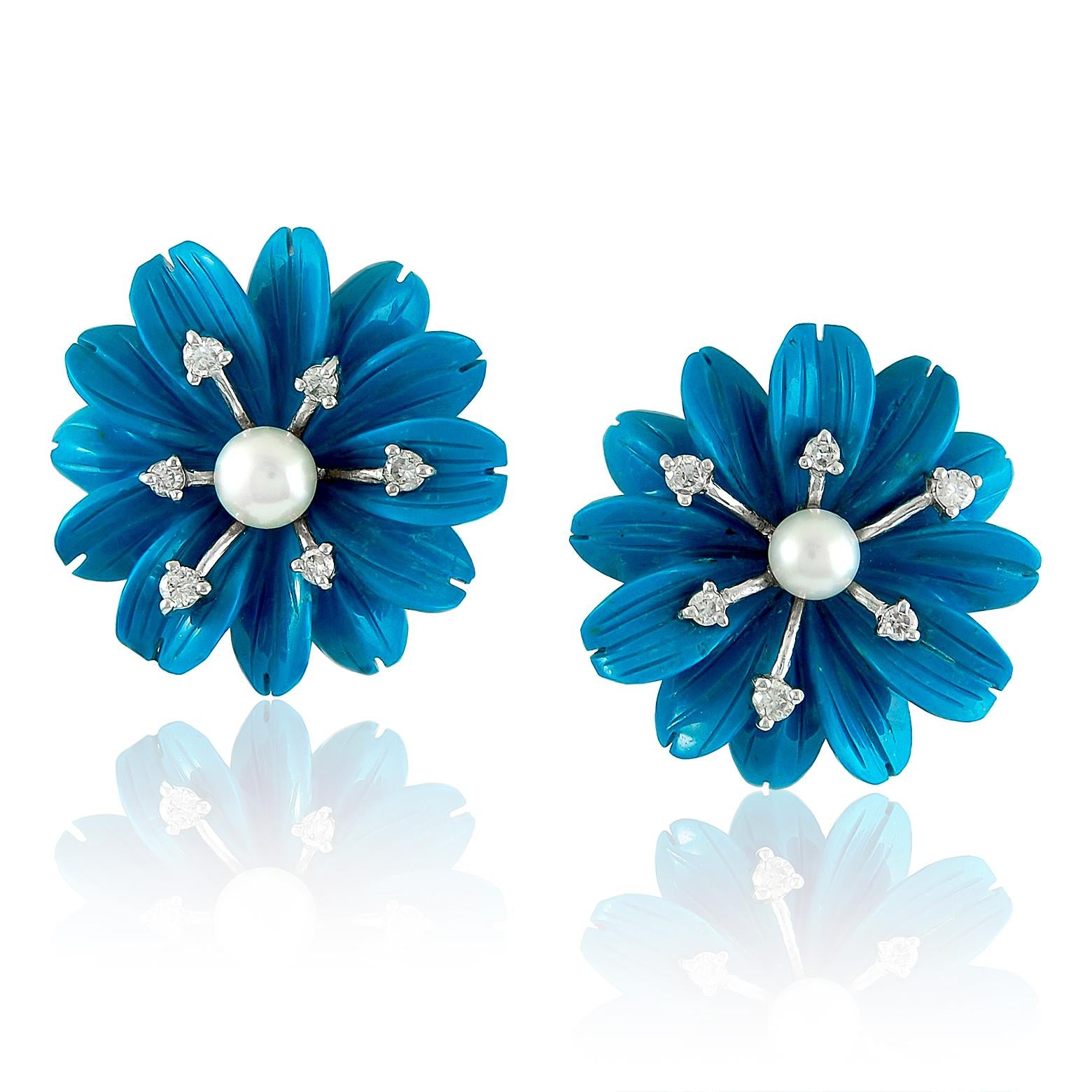 18K White Gold Turquoise, Diamond, and Pearl Floral Ear Clips