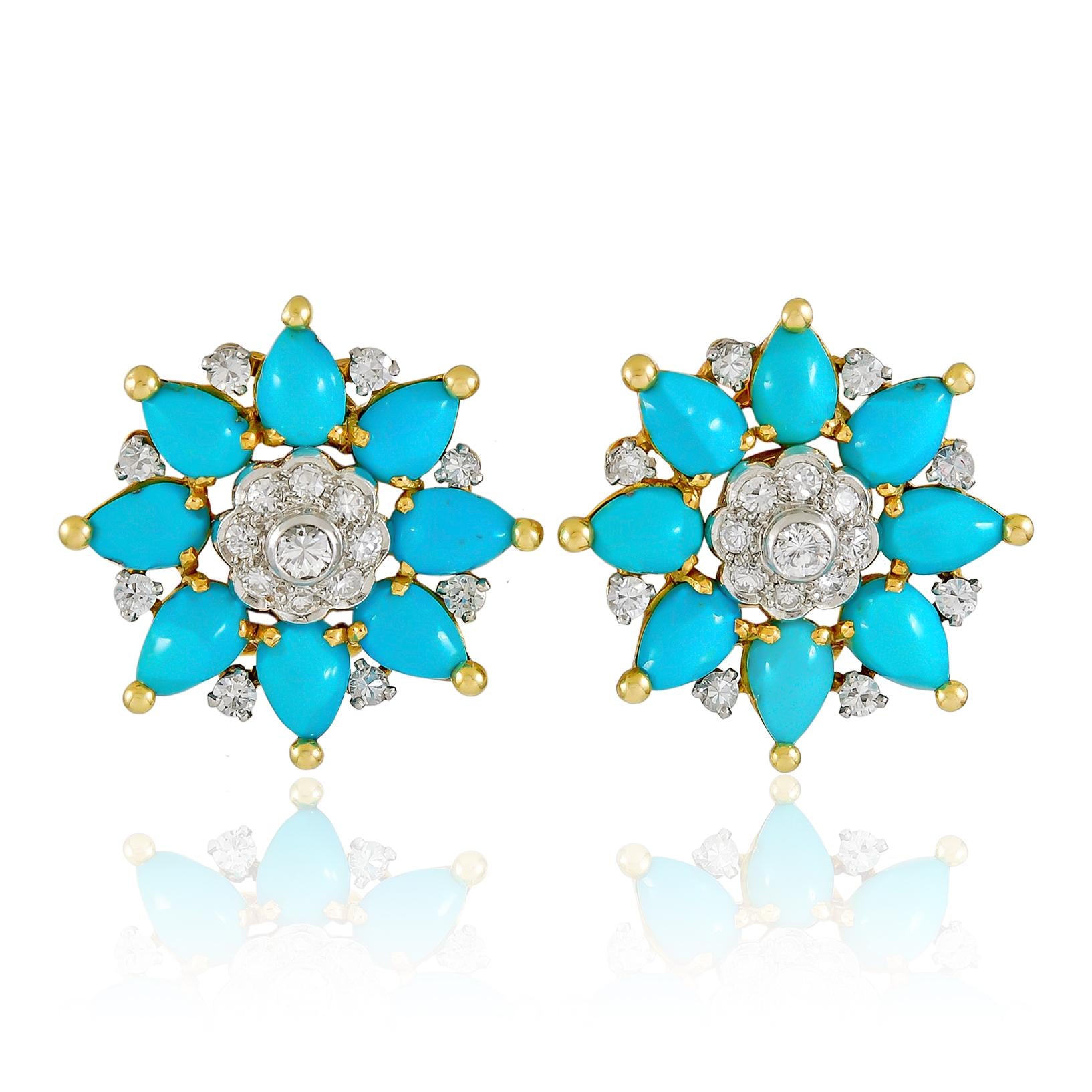 MARCHAK PARIS 18K Yellow Gold, Turquoise and Diamond Ear Clips