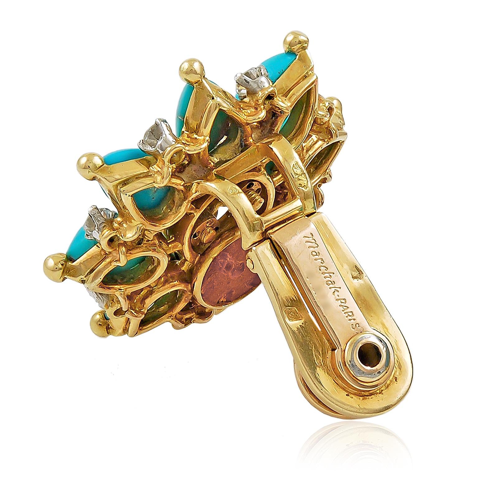 MARCHAK PARIS 18K Yellow Gold, Turquoise and Diamond Ear Clips