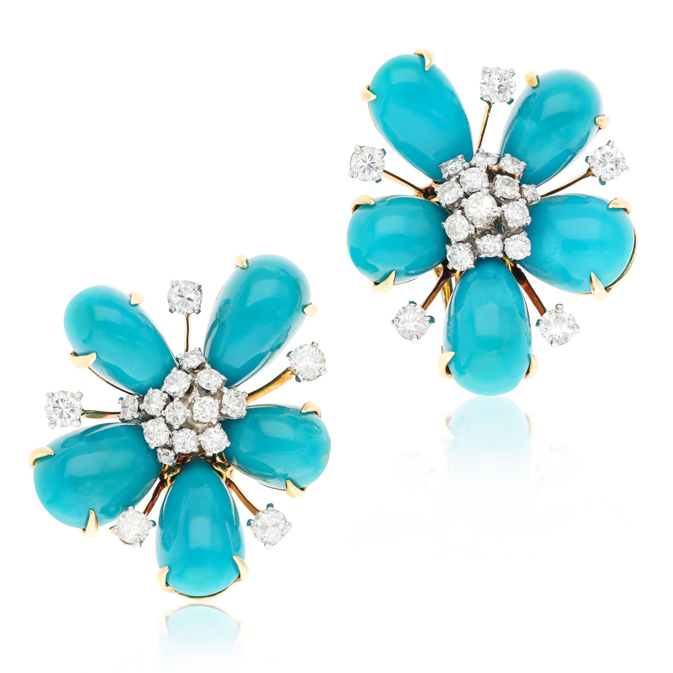 DAVID WEBB Platinum and 18K Yellow Gold Turquoise and Diamond Ear Clips
