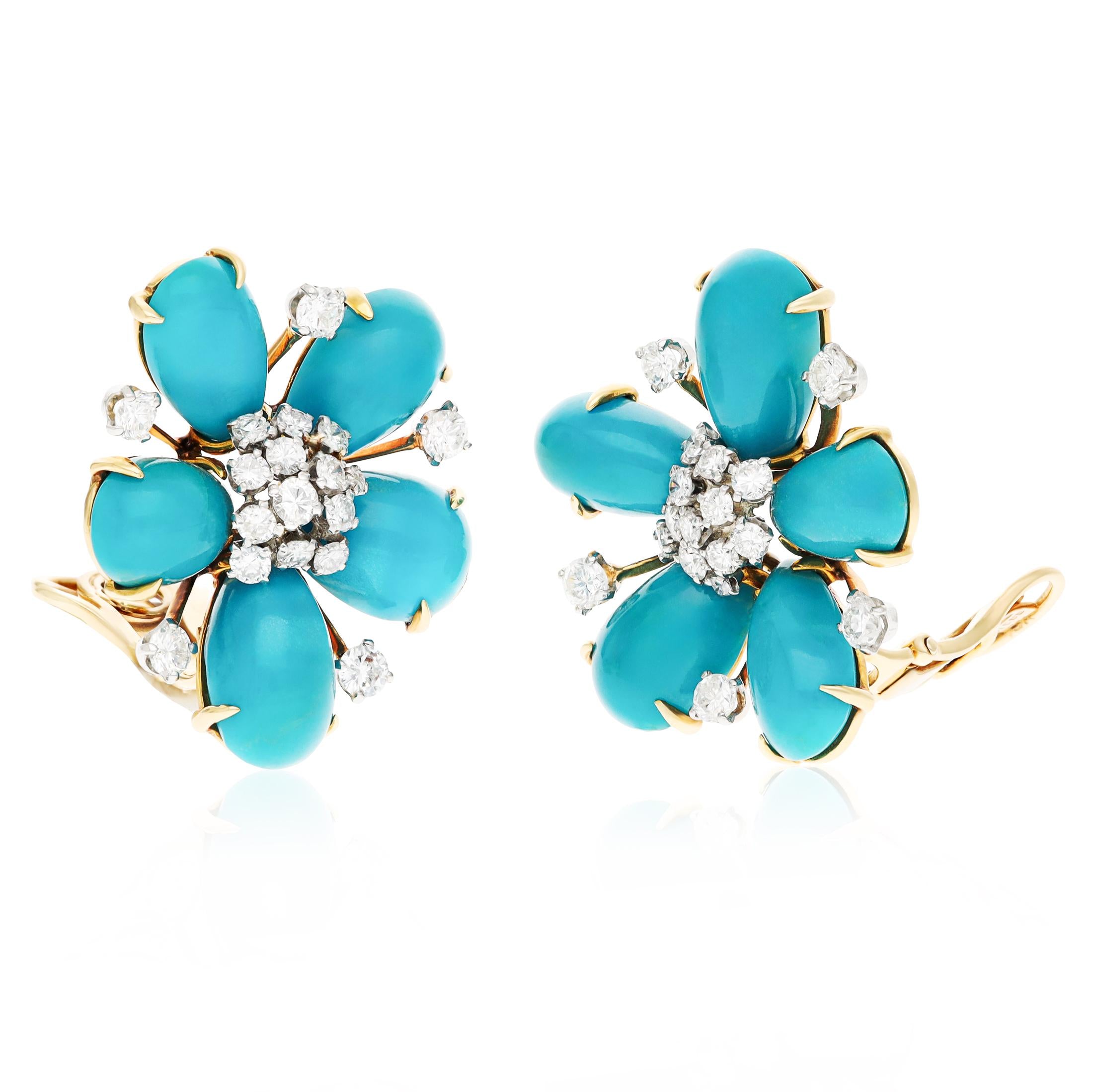 DAVID WEBB Platinum and 18K Yellow Gold Turquoise and Diamond Ear Clips