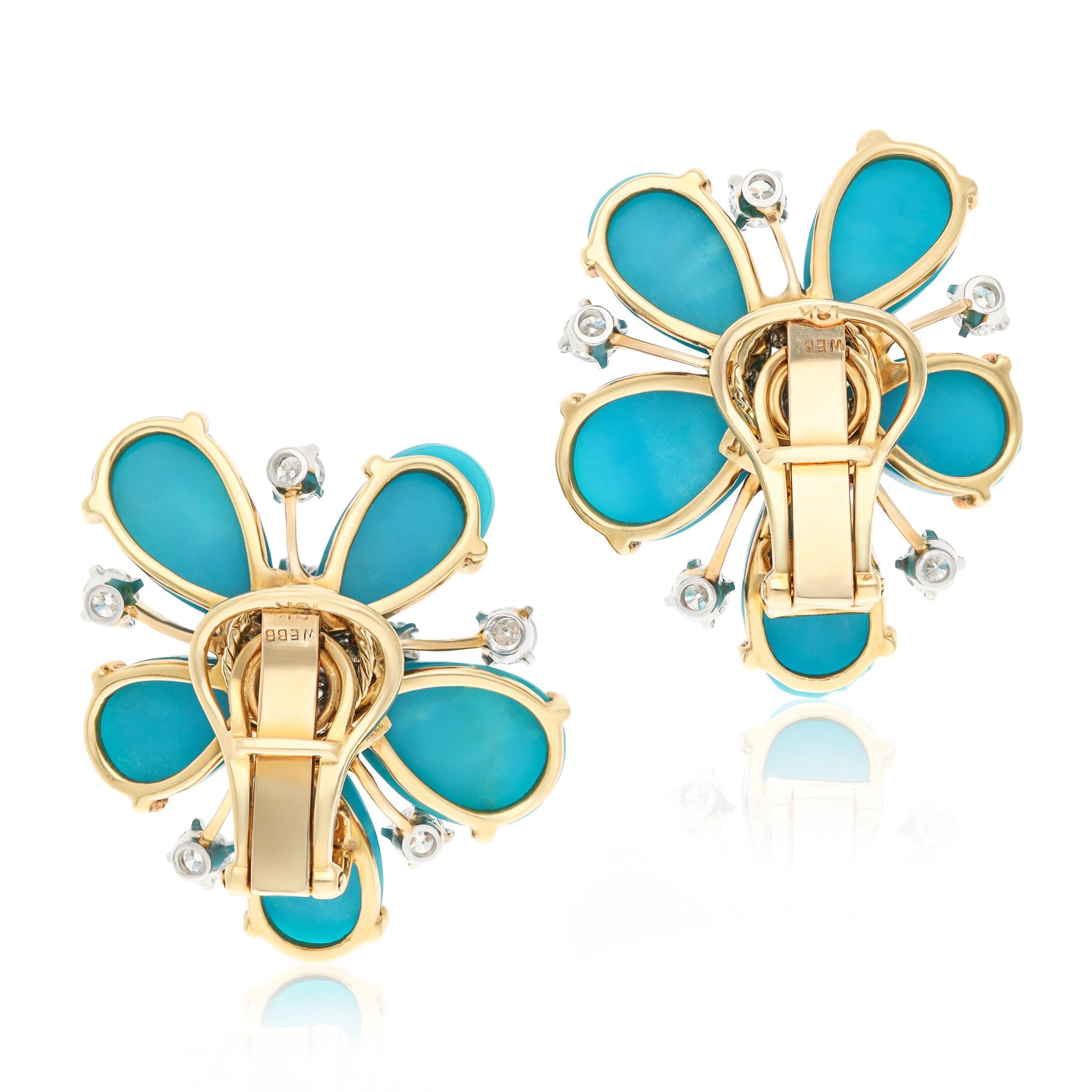 DAVID WEBB Platinum and 18K Yellow Gold Turquoise and Diamond Ear Clips
